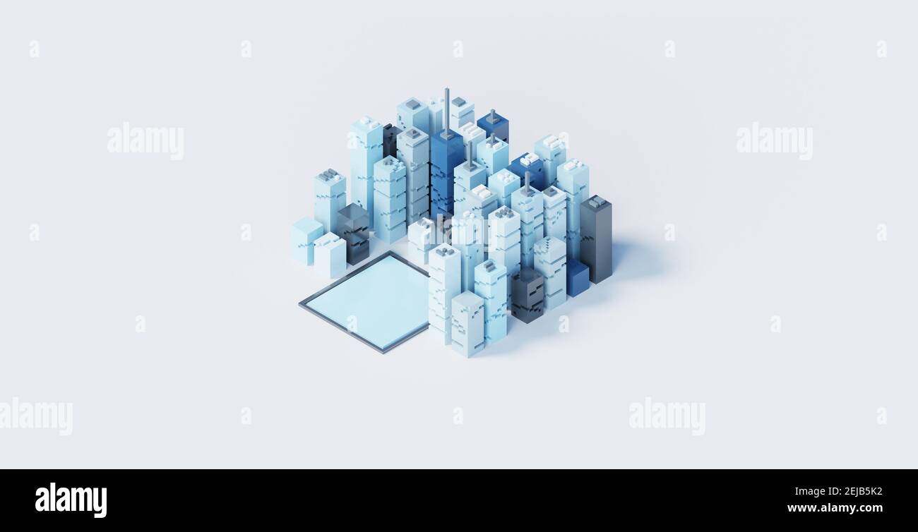 Blue city scene isometric view in modern style. Abstract technology background. 3d illustration. Abstract office background. Modern art. Modern techno Stock Photo