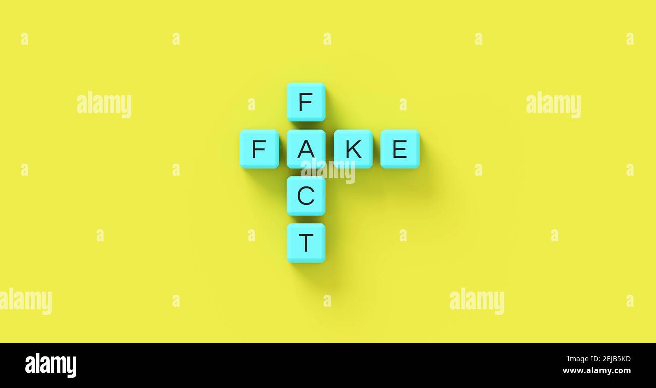 Fake news illustration, fake fact checking dice stock picture. Concept of a false news, misinformation and misleading. Stock Photo