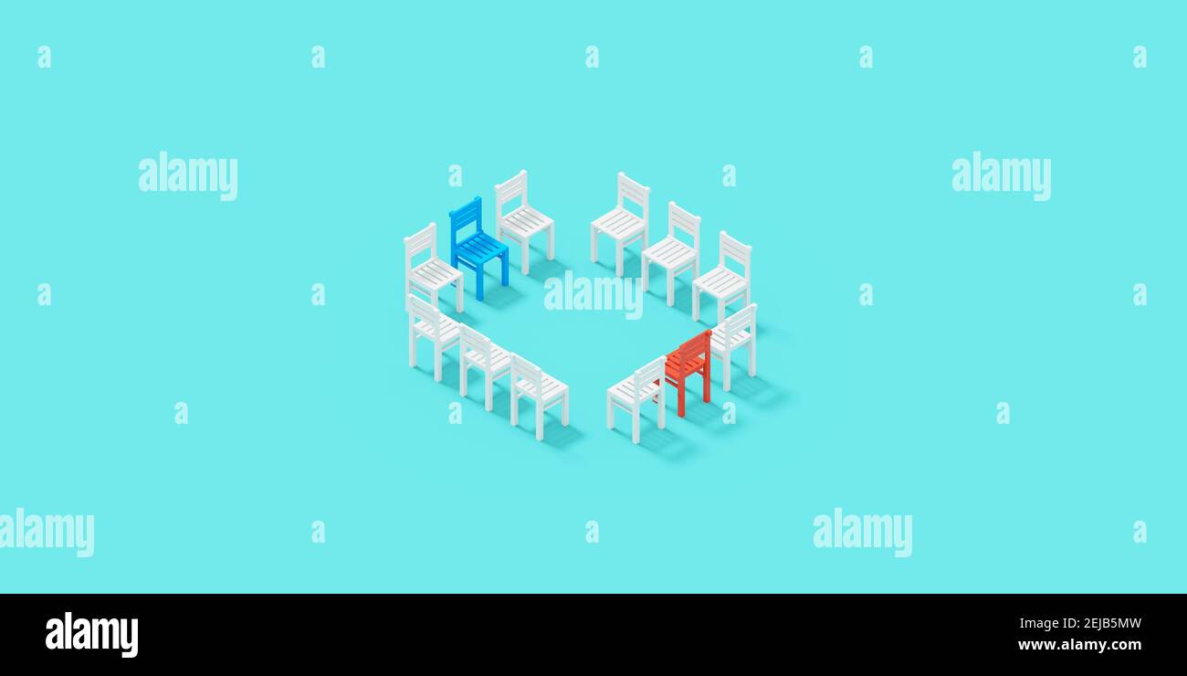 Group chairs psychotherapy consultation. 3D Illustration psychologist counseling group patient. Blue chair and red chair are standing opposite Stock Photo