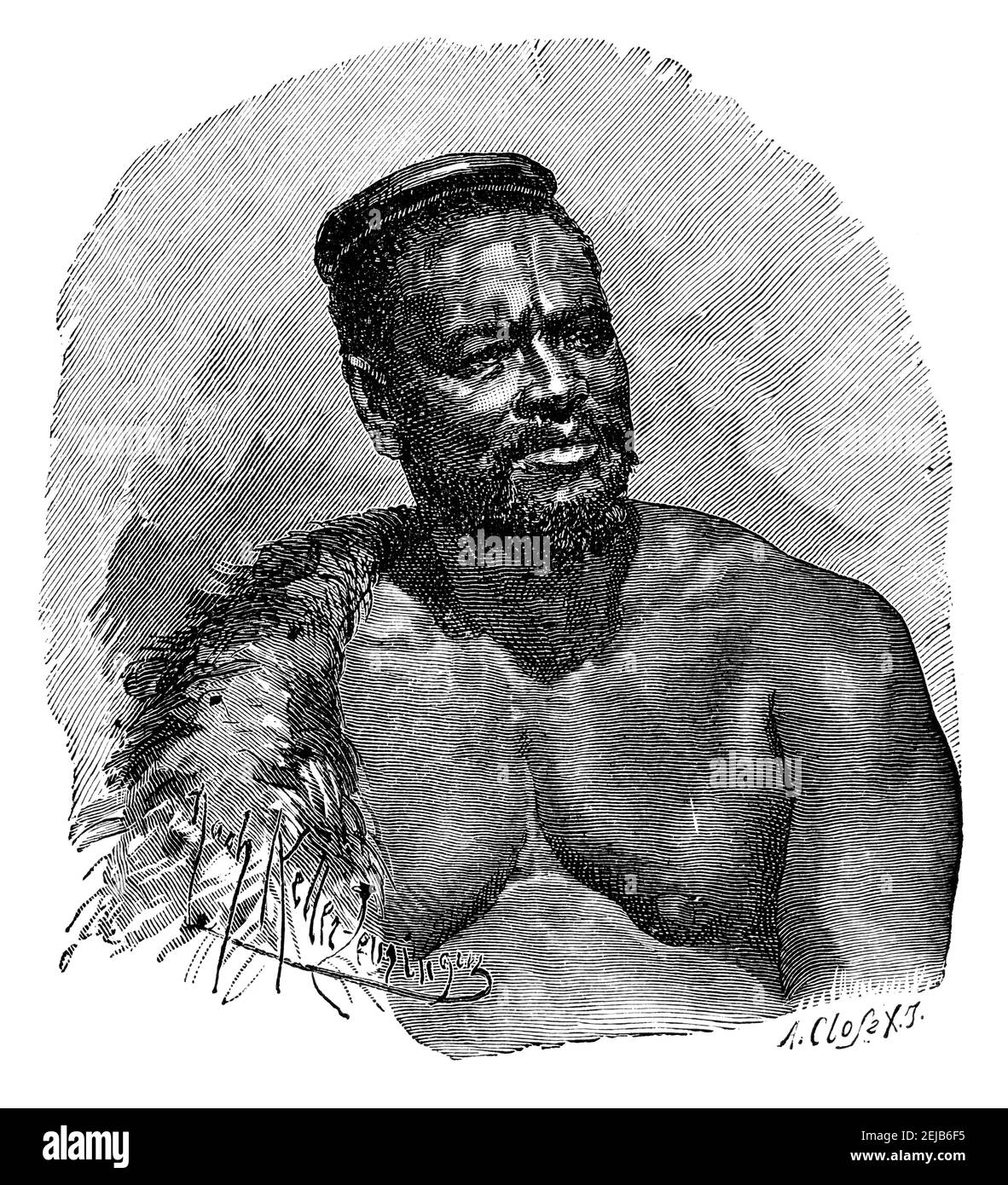 King of Zulu people.Culture and history of Africa. Vintage antique black and white illustration. 19th century. Stock Photo