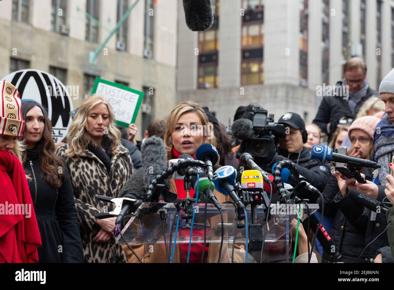 Lauren Sivan speaks to the press during the opening day of Harvey