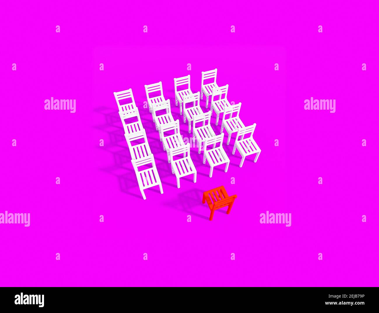 Red chair in front of white chairs. Training audience concept banner 3D illustration Stock Photo