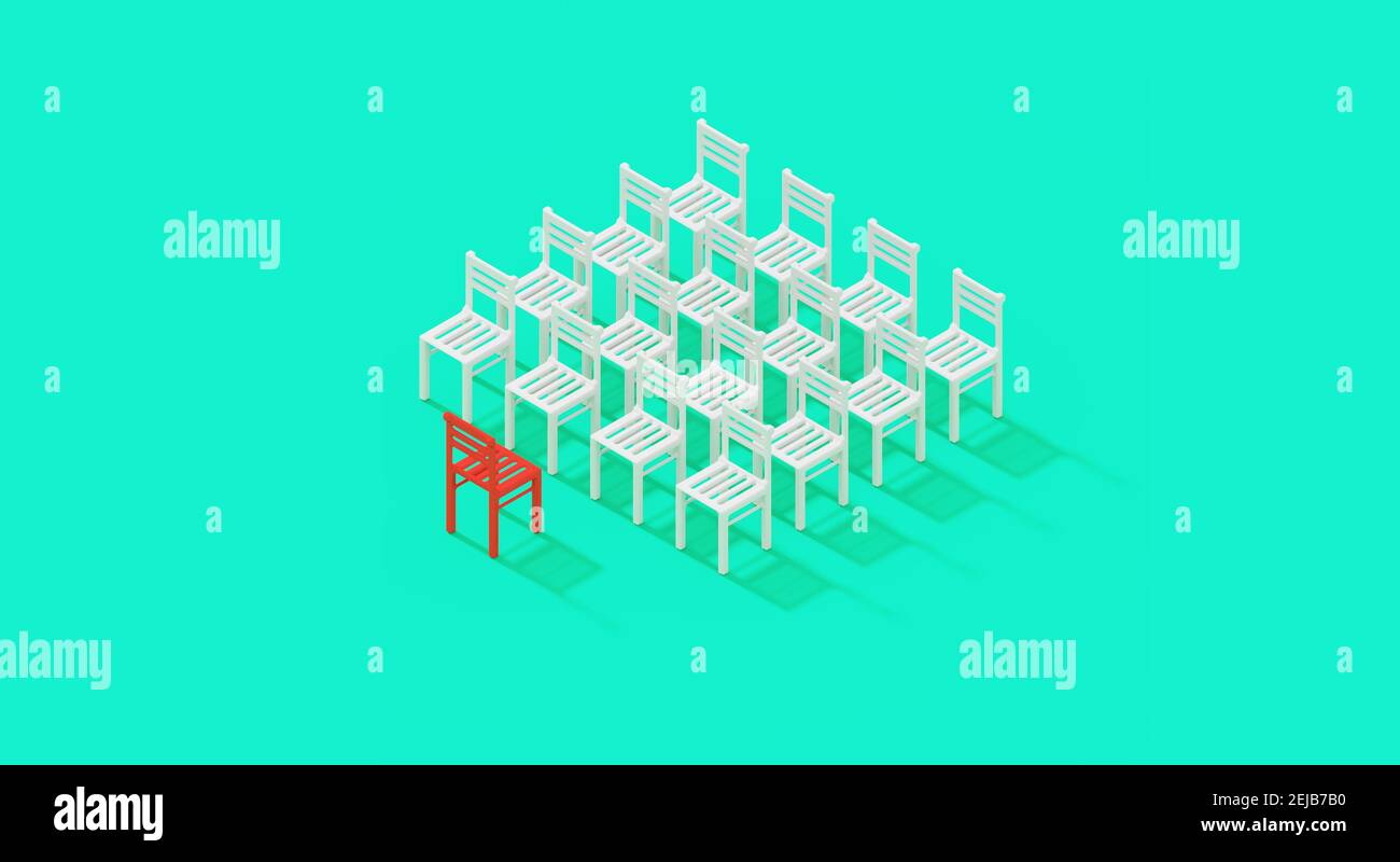 Red chair in front of white chairs, audience speaker concept idea, 3D rendering. Standing out from the crowd symbol. Stock Photo