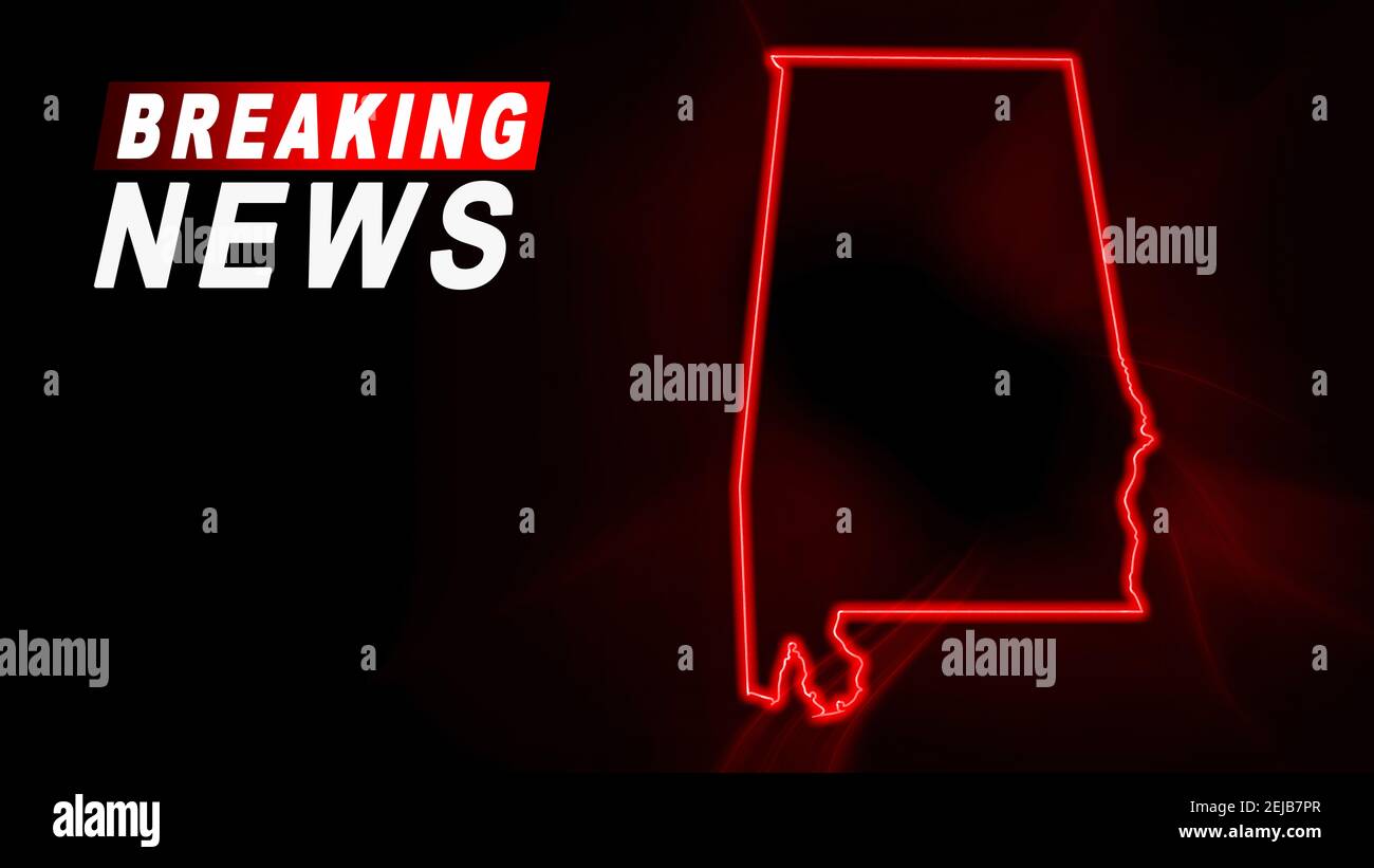 Breaking News Map of Alabama, outline red glow map, on dark Background