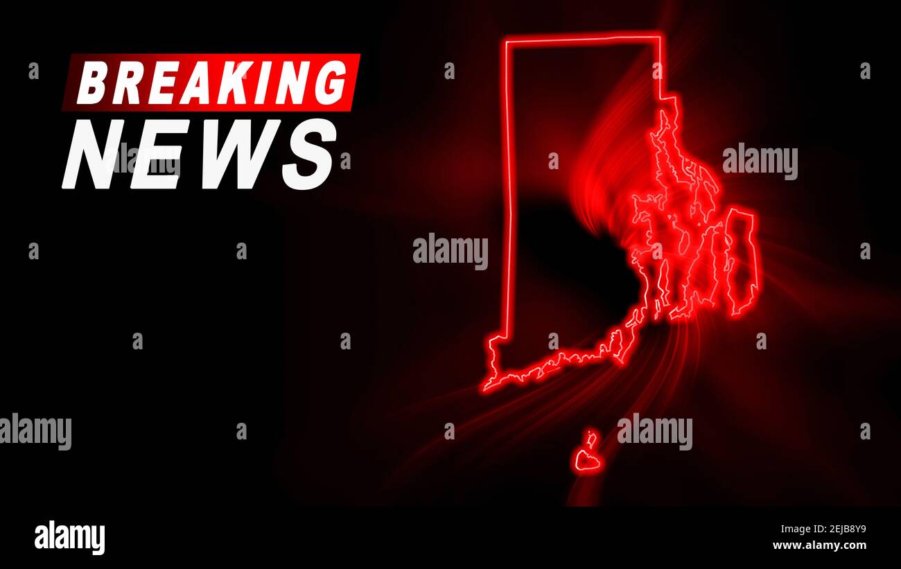 Breaking News Map of Rhode Island, outline red glow map, on dark