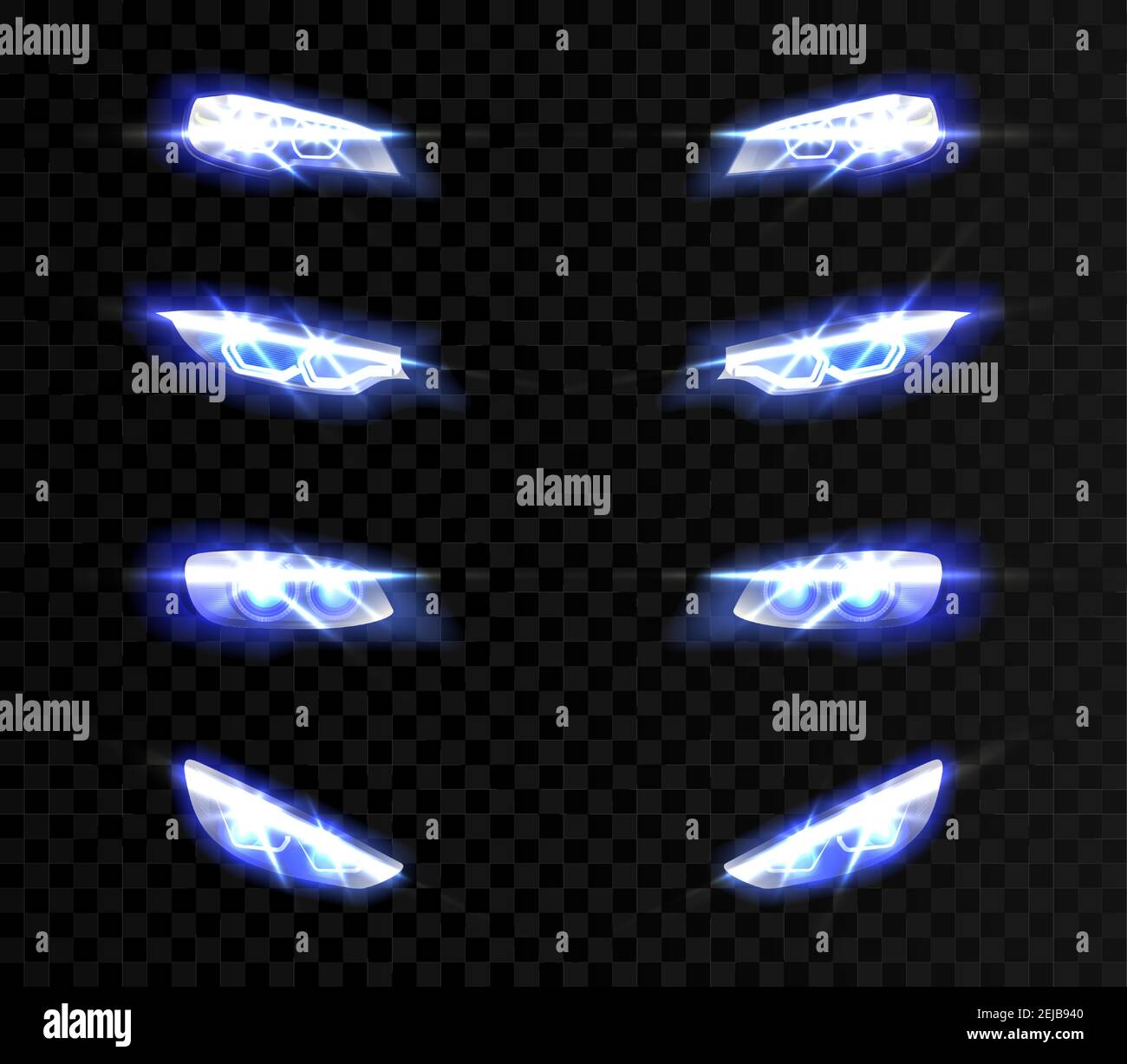 Vector realistic car front lights in different shapes on transparent ...