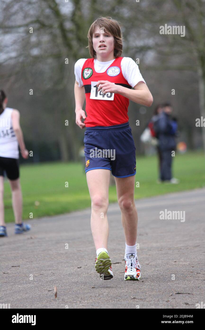 Cameron Corbishley aged 13 completing in the 2.5 km at the London Open Race Walk Stock Photo