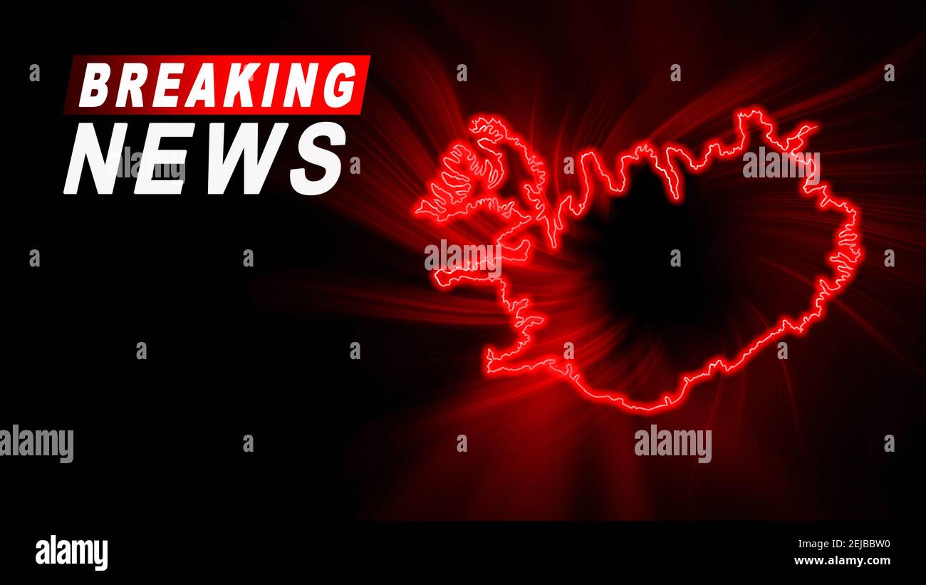 Breaking News Map of Iceland, outline red glow map, on dark Background Stock Photo
