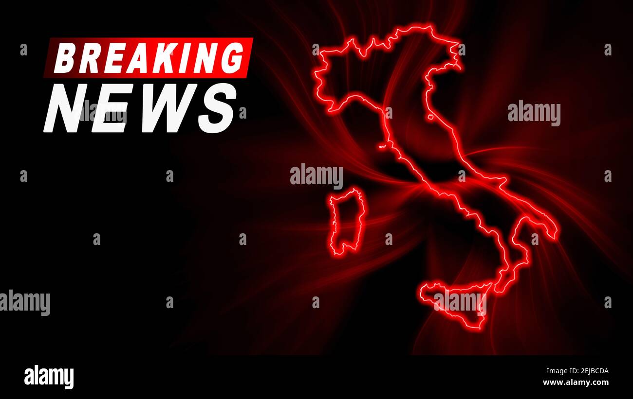Breaking News Map of Italy, outline red glow map, on dark Background Stock Photo