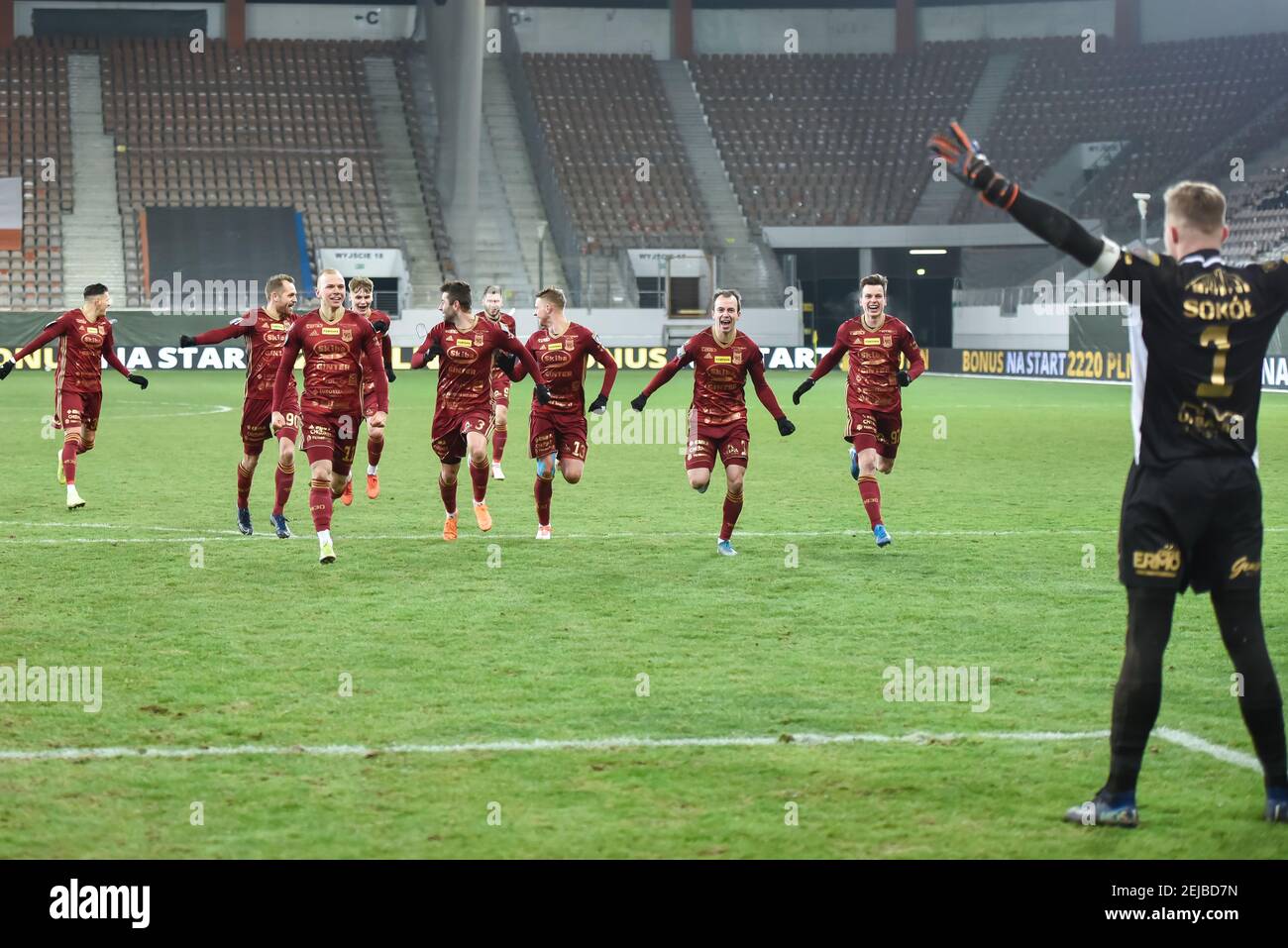 LUBIN, POLAND - FEBRUARY 11, 2021: Football match Fortuna Polish Cup between KGHM Zaglebie Lubin - Chojniczanka Chojnice 0:0 (4:5). Joy team of Chojni Stock Photo