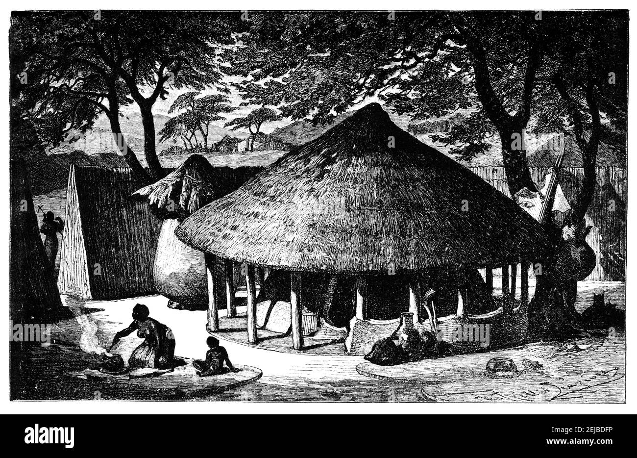 South African village.Culture and history of Africa. Vintage antique black and white illustration. 19th century. Stock Photo