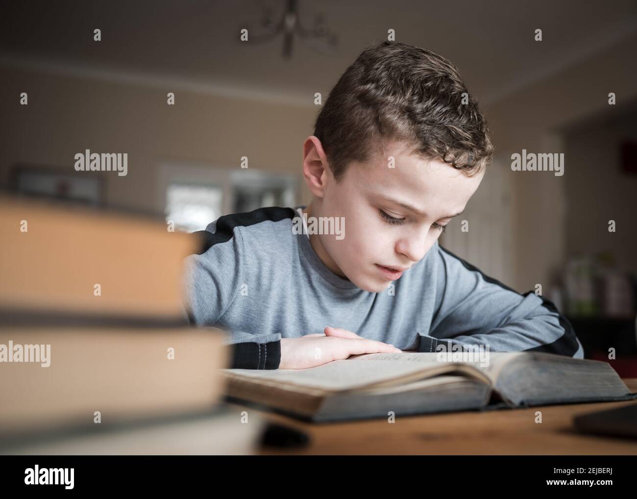 Cute young boy sat reading big old book concentrating hard at wooden table homeschool handsome focused intensely on learning in front room pile books Stock Photo