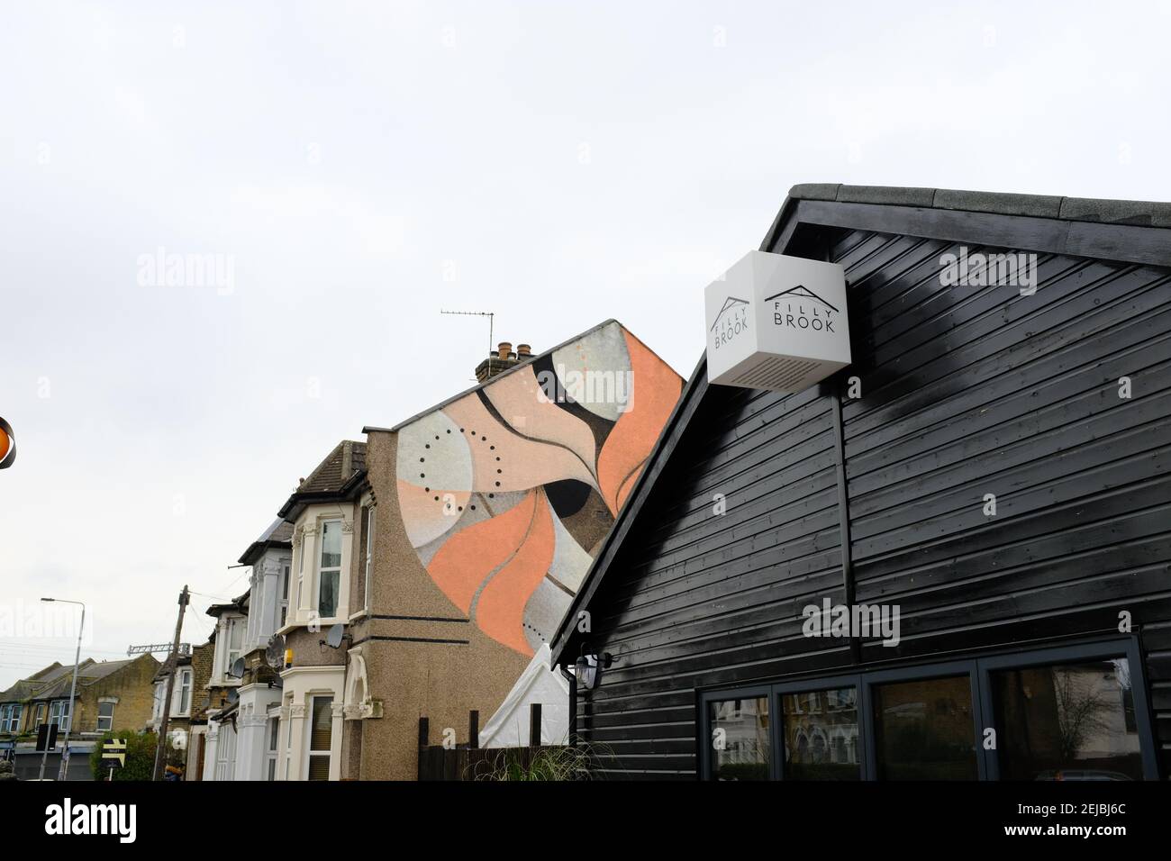 LEYTONSTONE, LONDON - 22ND FEBRUARY 2021: Filly Brook bar and restaurant in Leytonstone.  Painted mural by artist Lucy Mclauchlan. Stock Photo