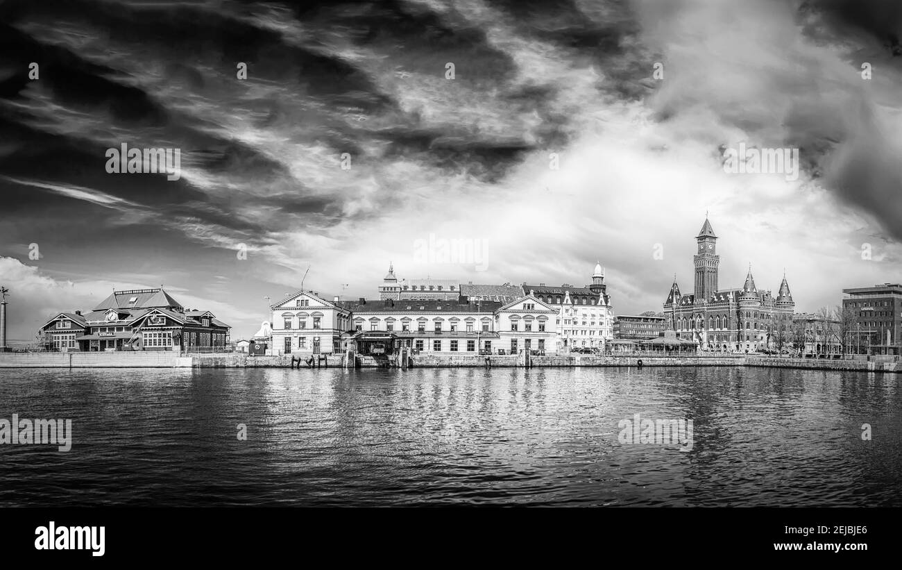 HELSINGBORG, SWEDEN - APRIL 25: A panoramic black and white image of the port in Helsingborg. A city in south western Sweden. April 25, 2016, Helsingb Stock Photo