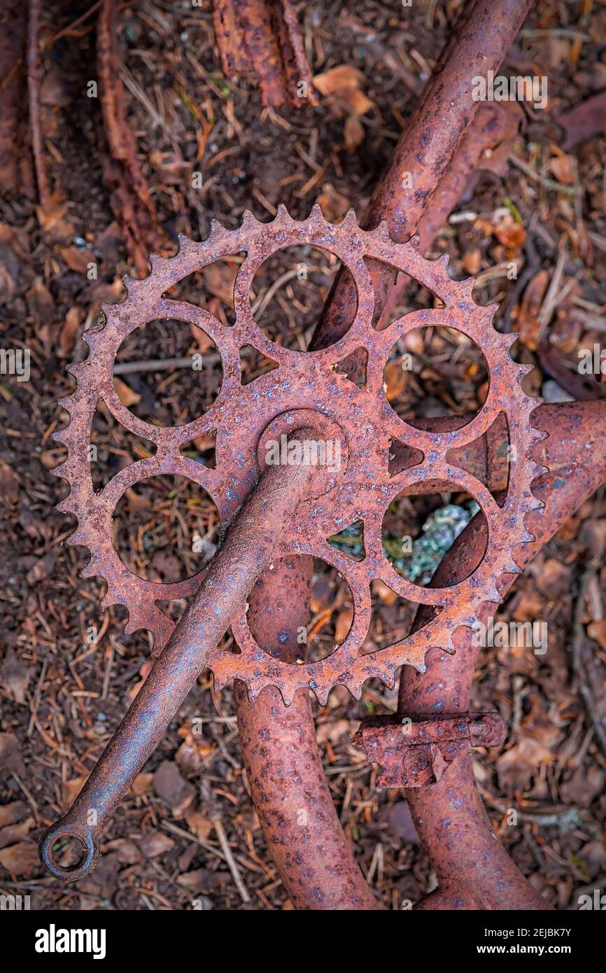 A close up of an abandoned bike at the car graveyard situated in a forest at Kirkoe Mosse, Sweden. Stock Photo