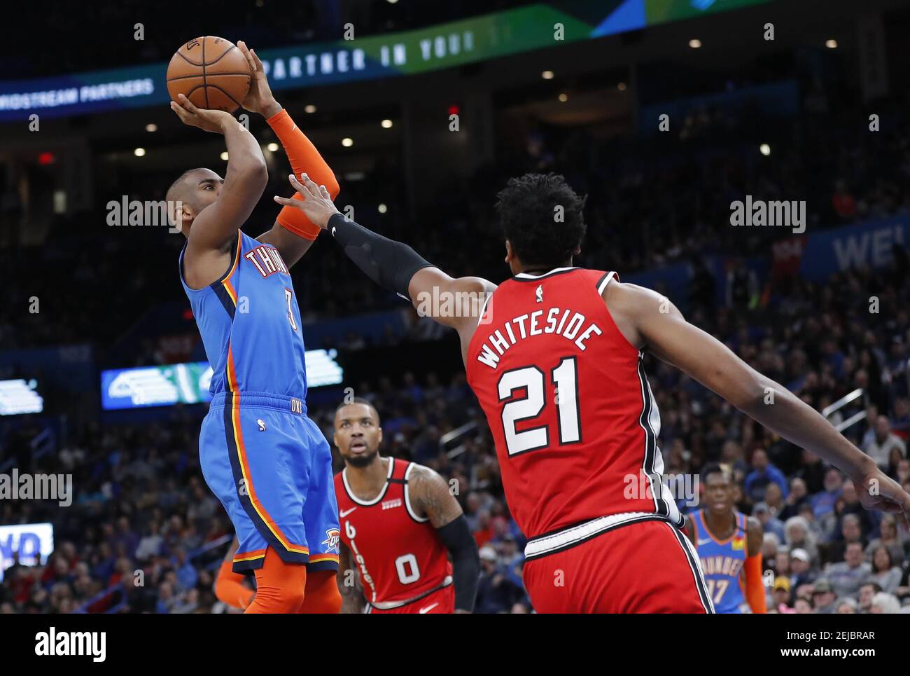 Jan 18 Oklahoma City Oklahoma Usa Oklahoma City Thunder Guard Chris Paul 3 Shoots As Portland Trail Blazers Center Hassan Whiteside 21 Defends The Shot During The Second Half At Chesapeake