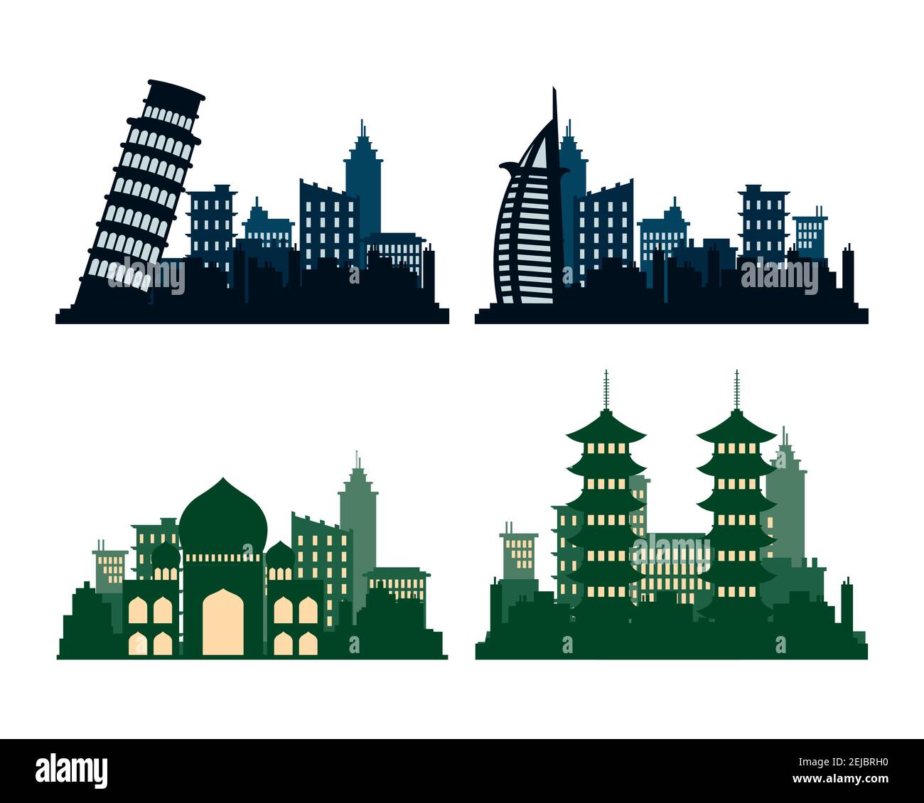 bundle of four cities skylines silhouettes scenes vector illustration design Stock Vector