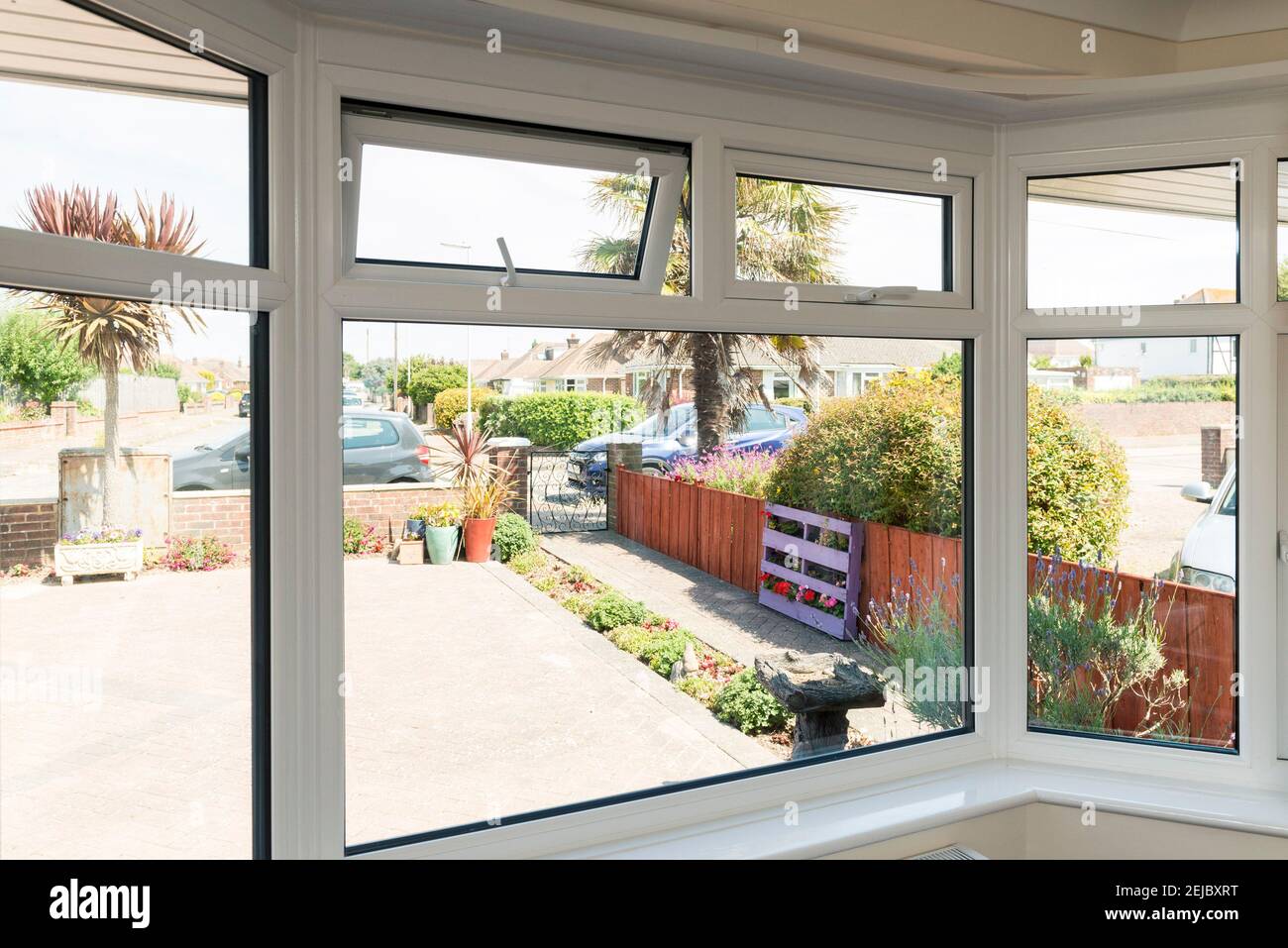 Details of modern double glazed windows with and without handles Stock Photo