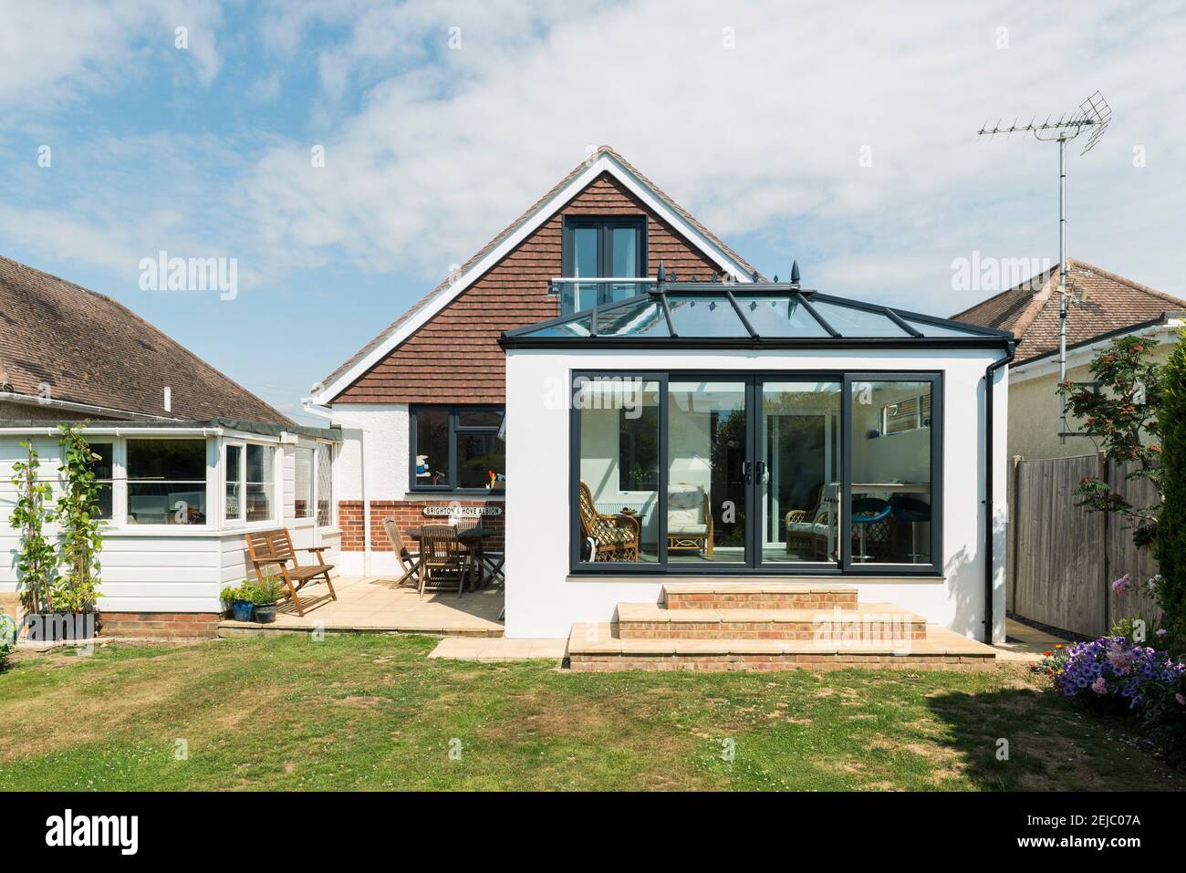 Photos of a modern and stylish double glazed conservatory on a residential home Stock Photo