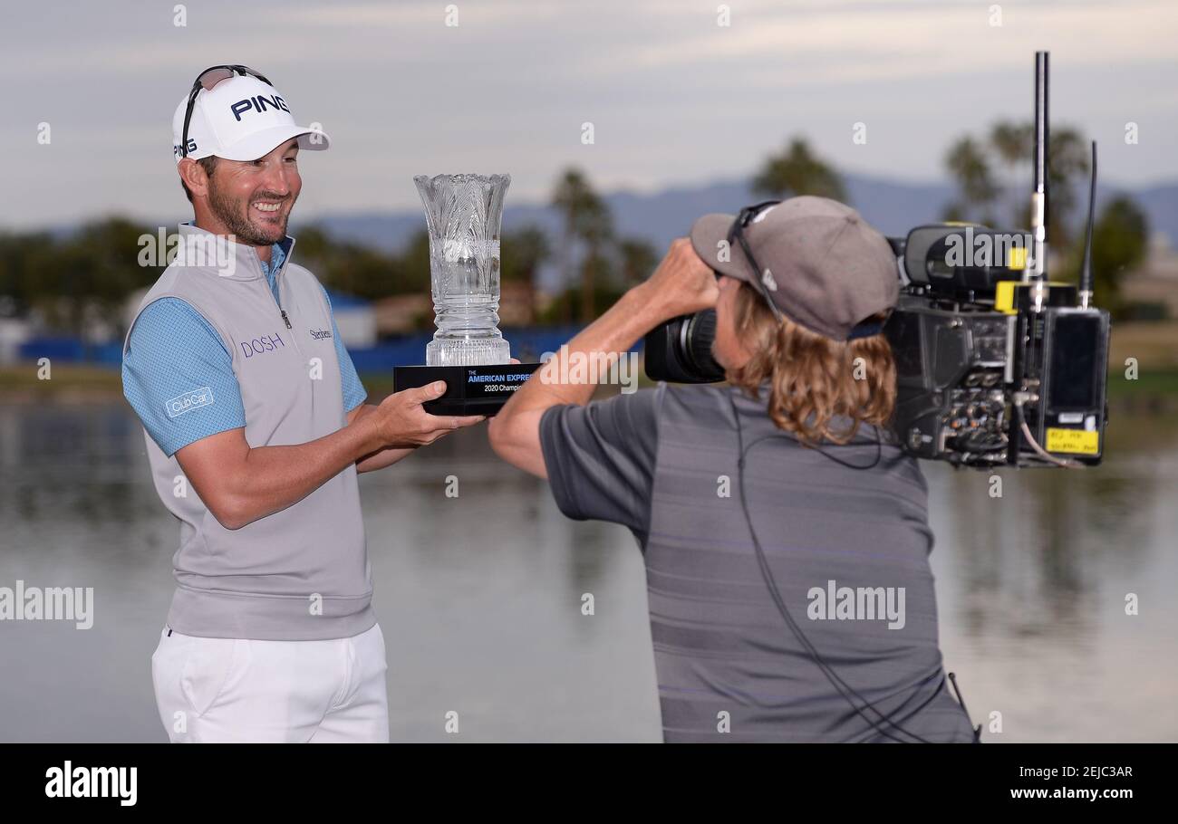 Jan 19 La Quinta California Usa Andrew Landry Poses With The Winner S Trophy For A Television Camera Following The Final Round Of The American Express Golf Tournament On The Stadium Course