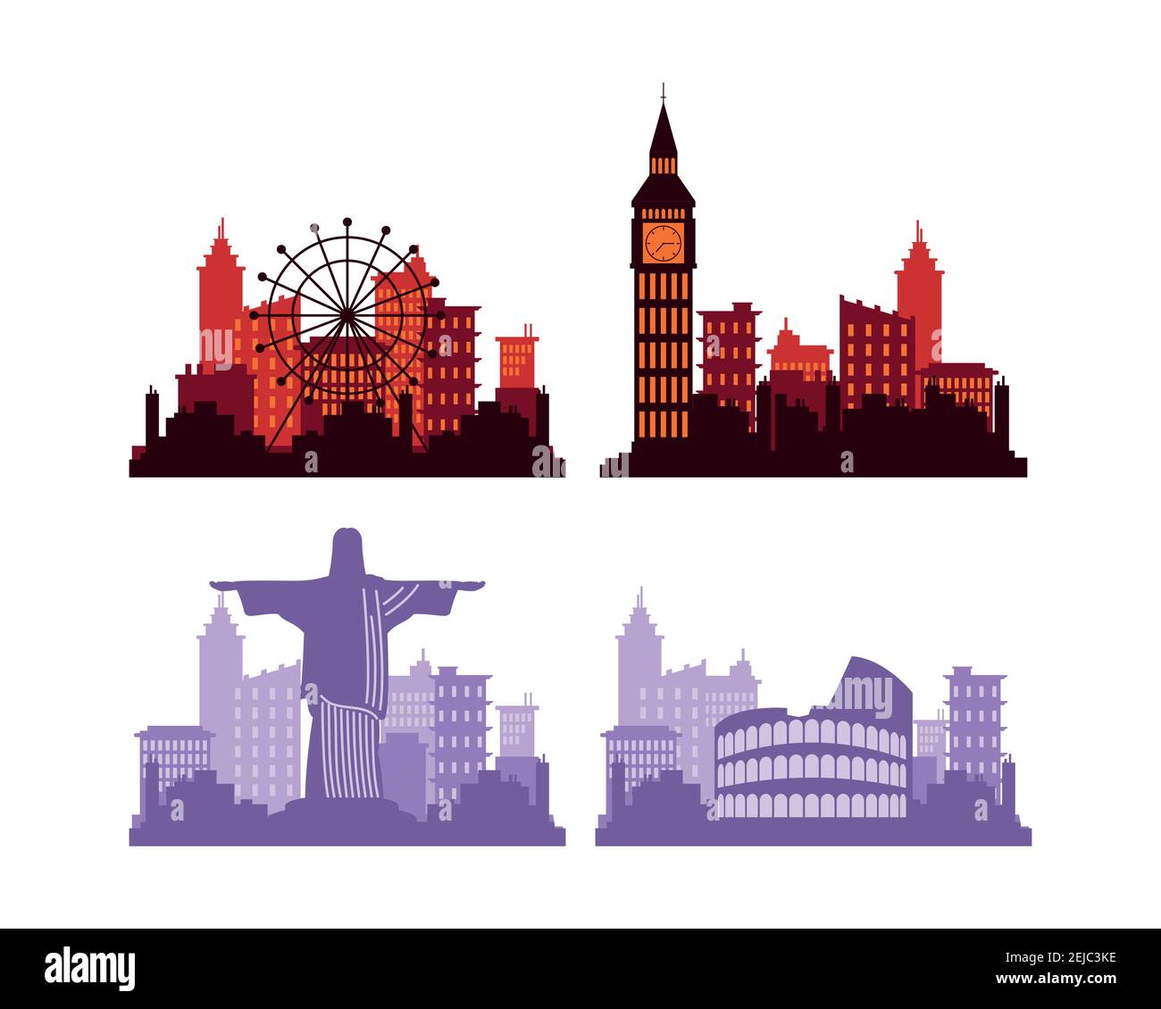 bundle of four cities silhouettes scenes vector illustration design Stock Vector