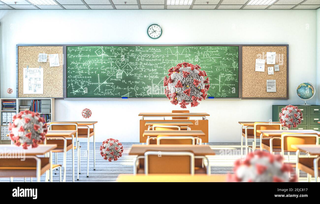 school interior and covid-19 virus among the desks. contagion concept. 3d render. Stock Photo
