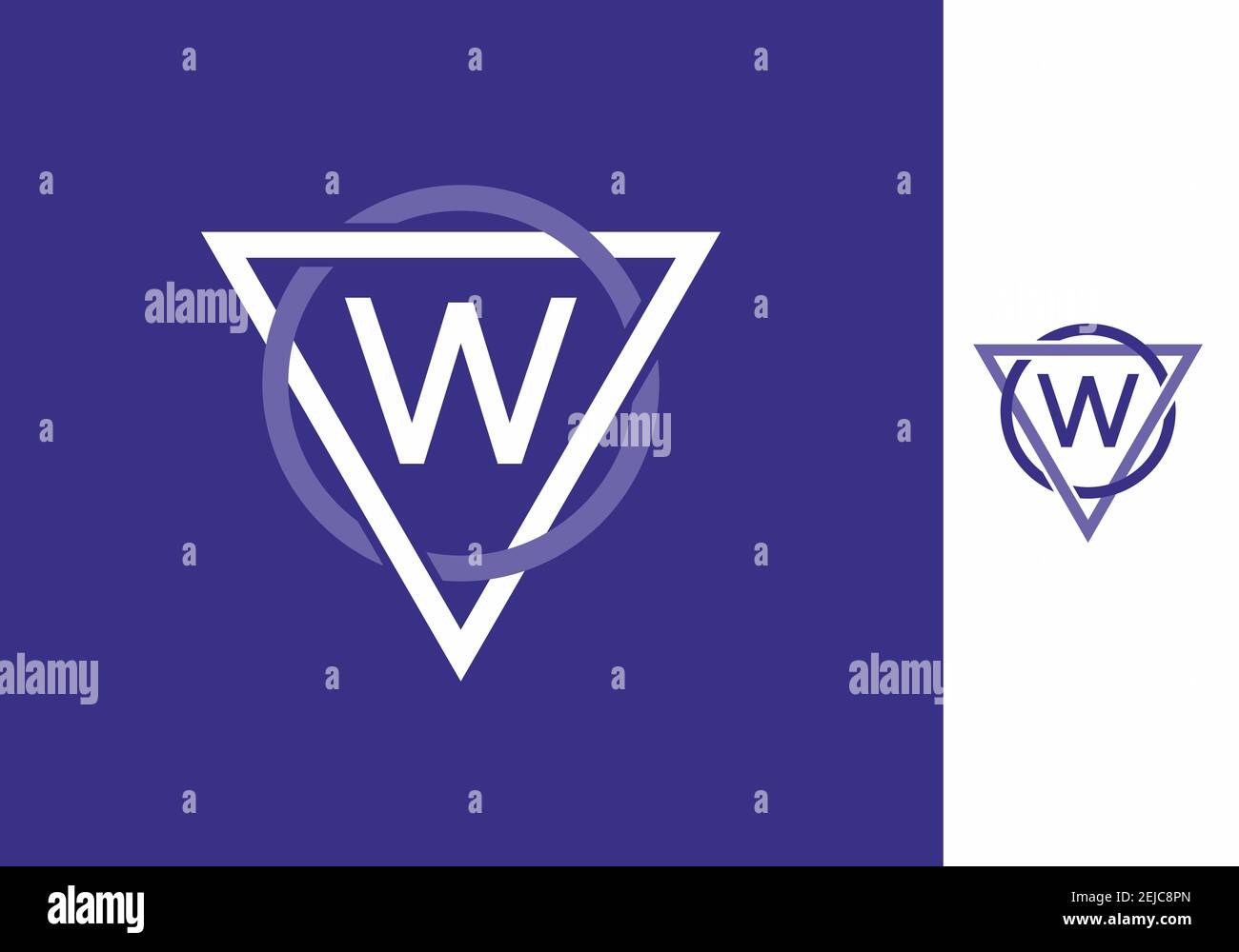 White purple of W initial letter in circle triangle frame design Stock ...