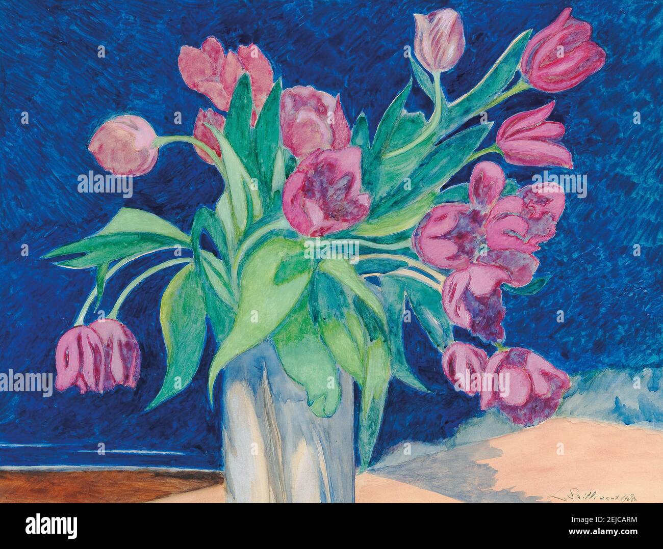Pink tulips in a vase, in the background a seascape with dunes. Museum: PRIVATE COLLECTION. Author: LEON SPILLIAERT. Stock Photo