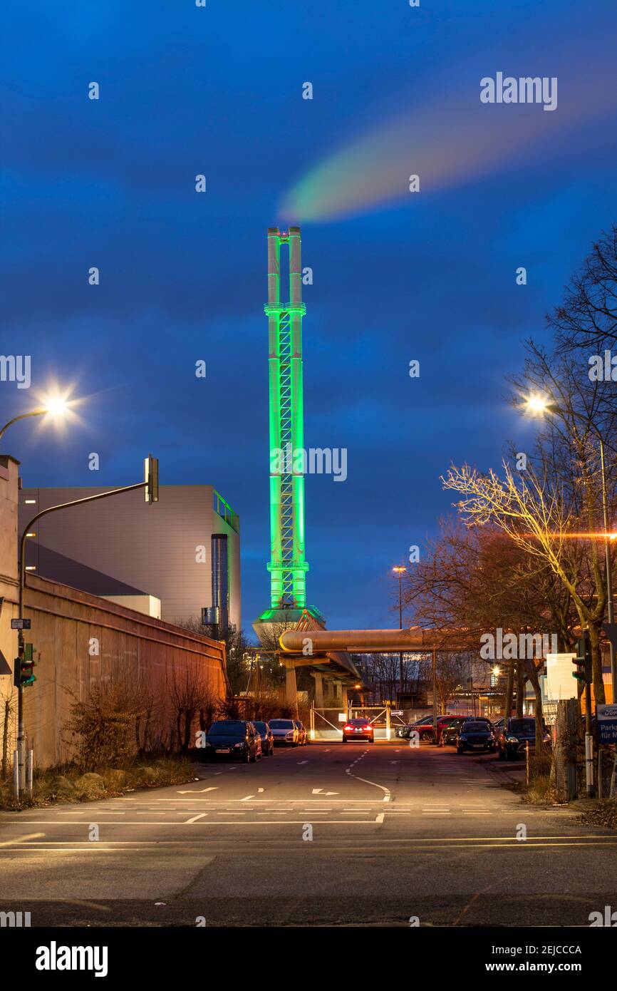 illuminated chimney of the waste incineration plant in Cologne-Niehl, Cologne, Germany.  beleuchteter Schornstein der Muellverbrennungsanlage in Koeln Stock Photo