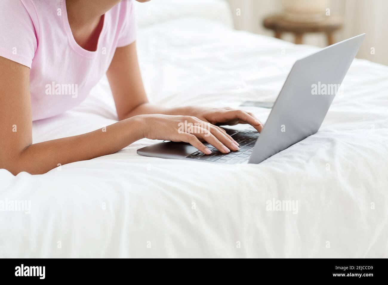 Online chat with friends, work from home, social networks, new normal and social distance Stock Photo