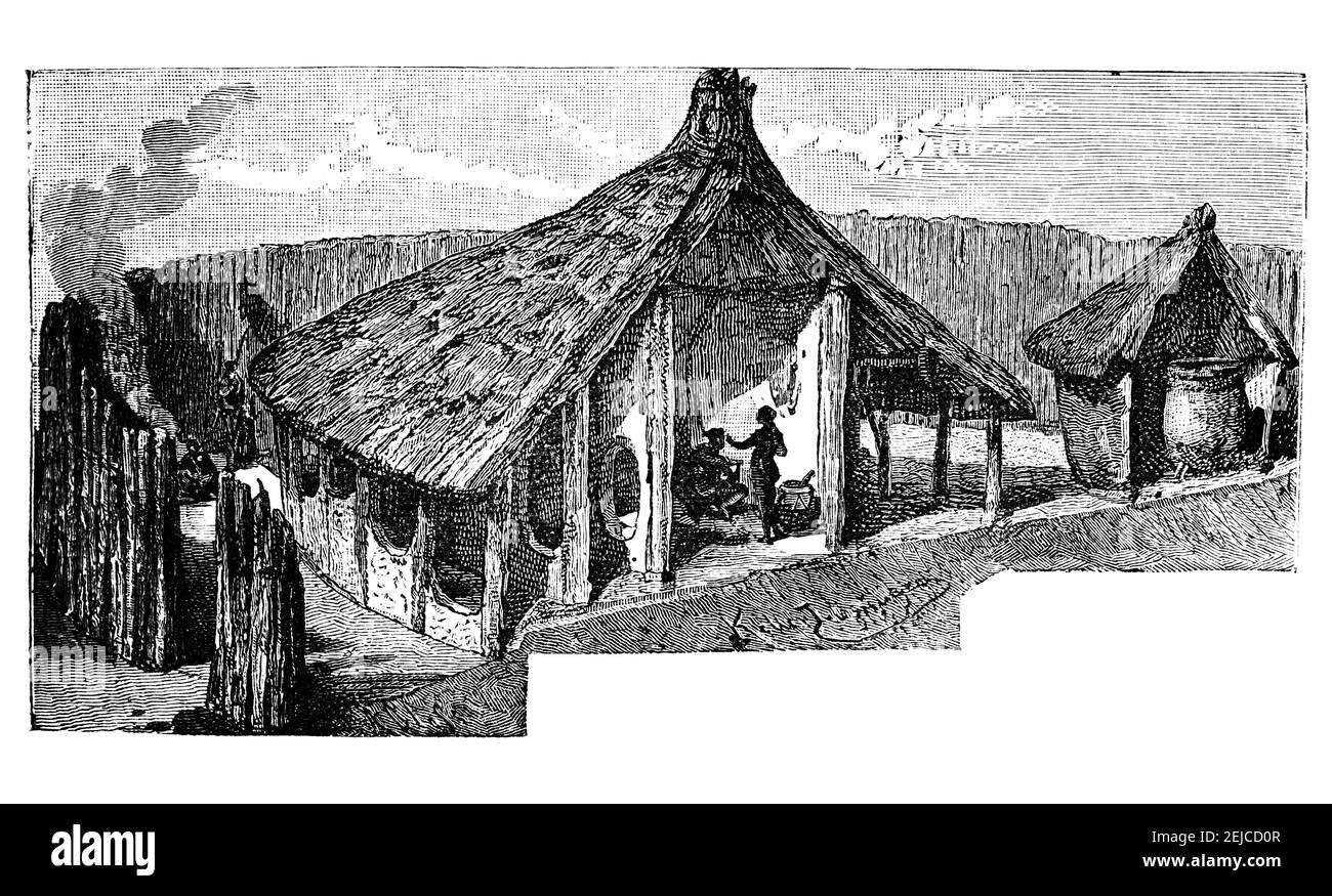 Sectional view of African Bantu village house. Culture and history of Africa. Vintage antique black and white illustration. 19th century. Stock Photo