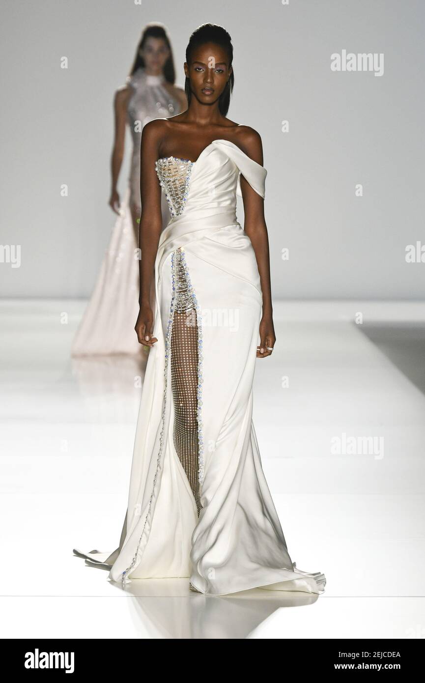 Model Leila Nda walks on the runway during the Ralph and Russo Haute  Couture fashion show during Haute Couture Spring Summer 2020 in Paris,  France on January 20, 2020. (Photo by Jonas