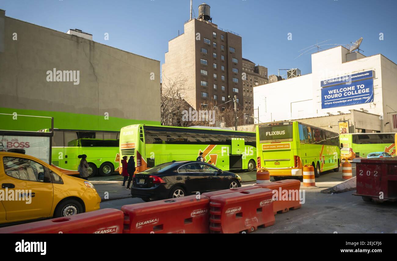 A FlixBus terminal in Midtown Manhattan in New York on Tuesday, January 21,  2020. FlixBus is owned by the German FlixMobility GmbH and entered the U.S.  market in 2018 and started providing