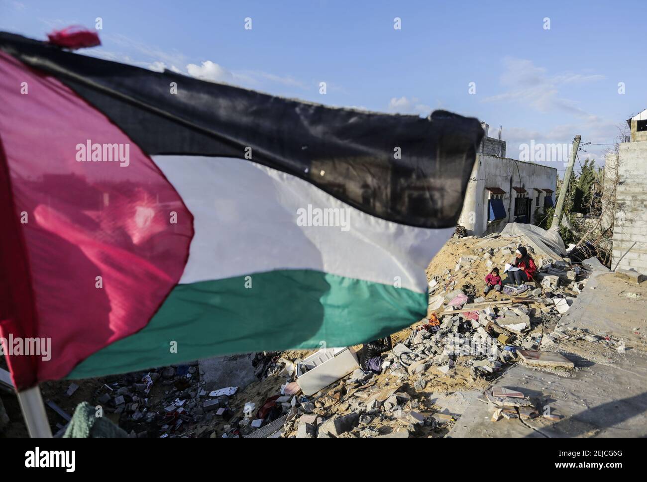 Rubble at Hamouda Abu Amra’s destroyed house. The Abu Umrah family that