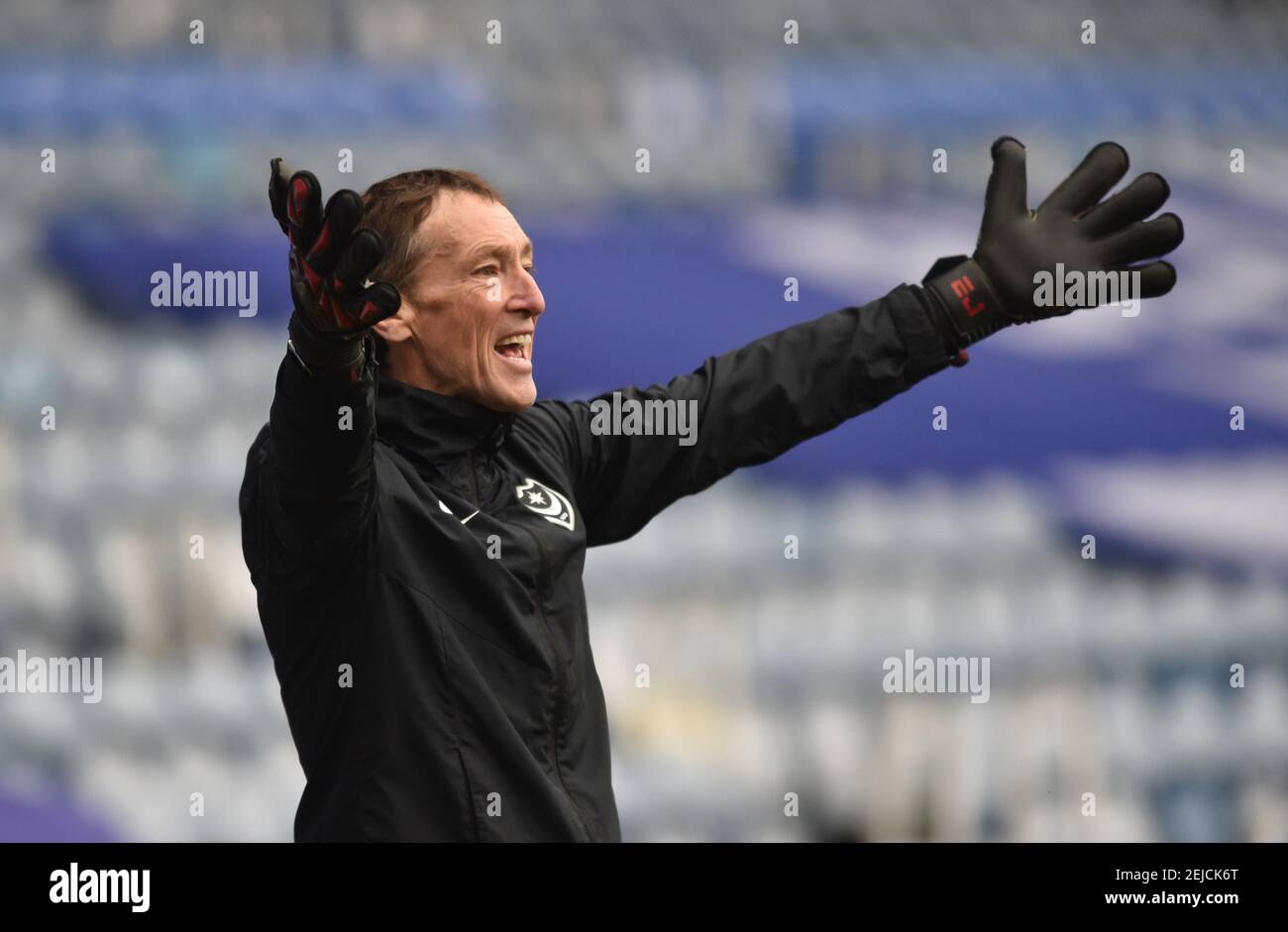 Portsmouth goalkeeping coach John Keeley during the Sky Bet League One match between Portsmouth and Blackpool Town at Fratton Park  , Portsmouth ,  UK - 20th February 2021.                                          Editorial use only. No merchandising. For Football images FA and Premier League restrictions apply inc. no internet/mobile usage without FAPL license - for details contact Football Dataco  : Stock Photo