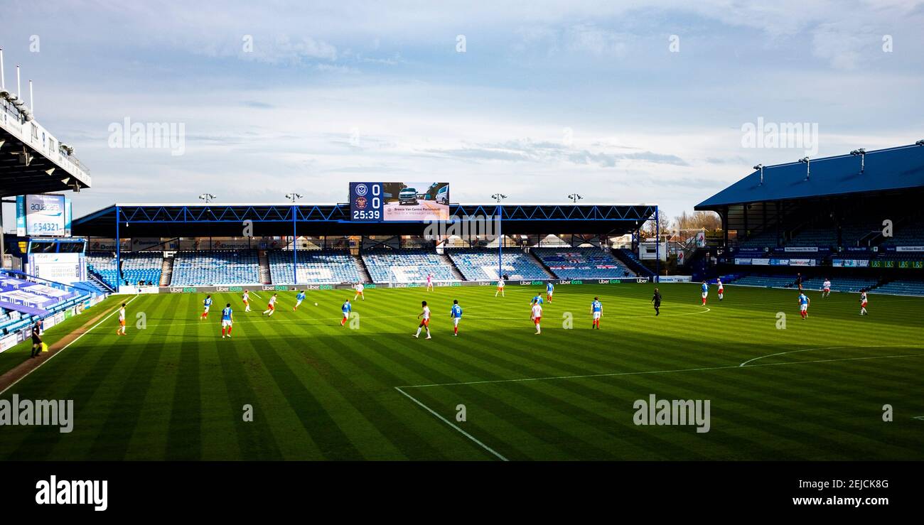The Sky Bet League One match between Portsmouth and Blackpool Town at Fratton Park  , Portsmouth ,  UK - 20th February 2021 Editorial use only. No merchandising. For Football images FA and Premier League restrictions apply inc. no internet/mobile usage without FAPL license - for details contact Football Dataco  : Stock Photo