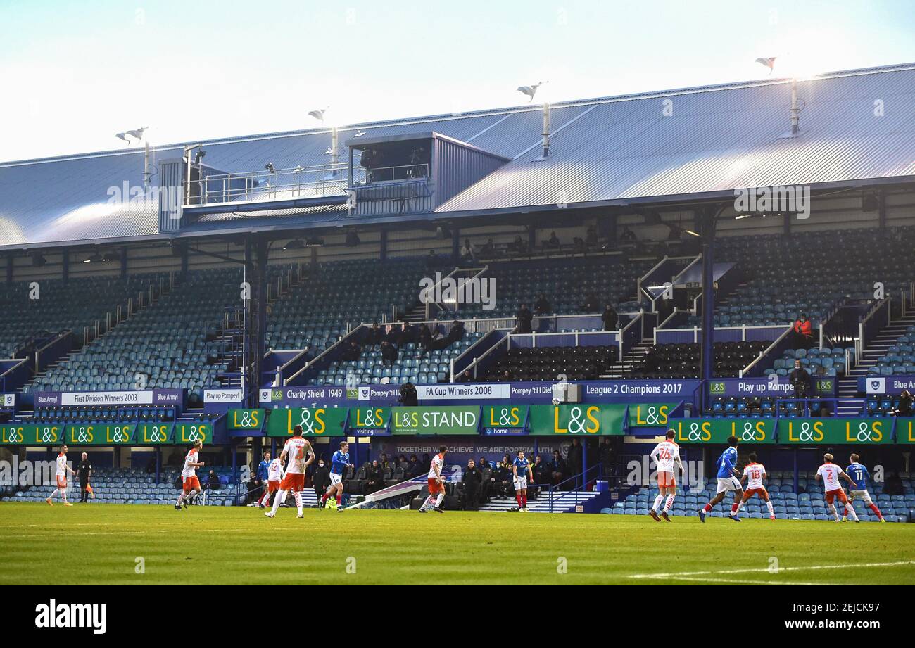 The Sky Bet League One match between Portsmouth and Blackpool Town at Fratton Park  , Portsmouth ,  UK - 20th February 2021 Editorial use only. No merchandising. For Football images FA and Premier League restrictions apply inc. no internet/mobile usage without FAPL license - for details contact Football Dataco  : Stock Photo