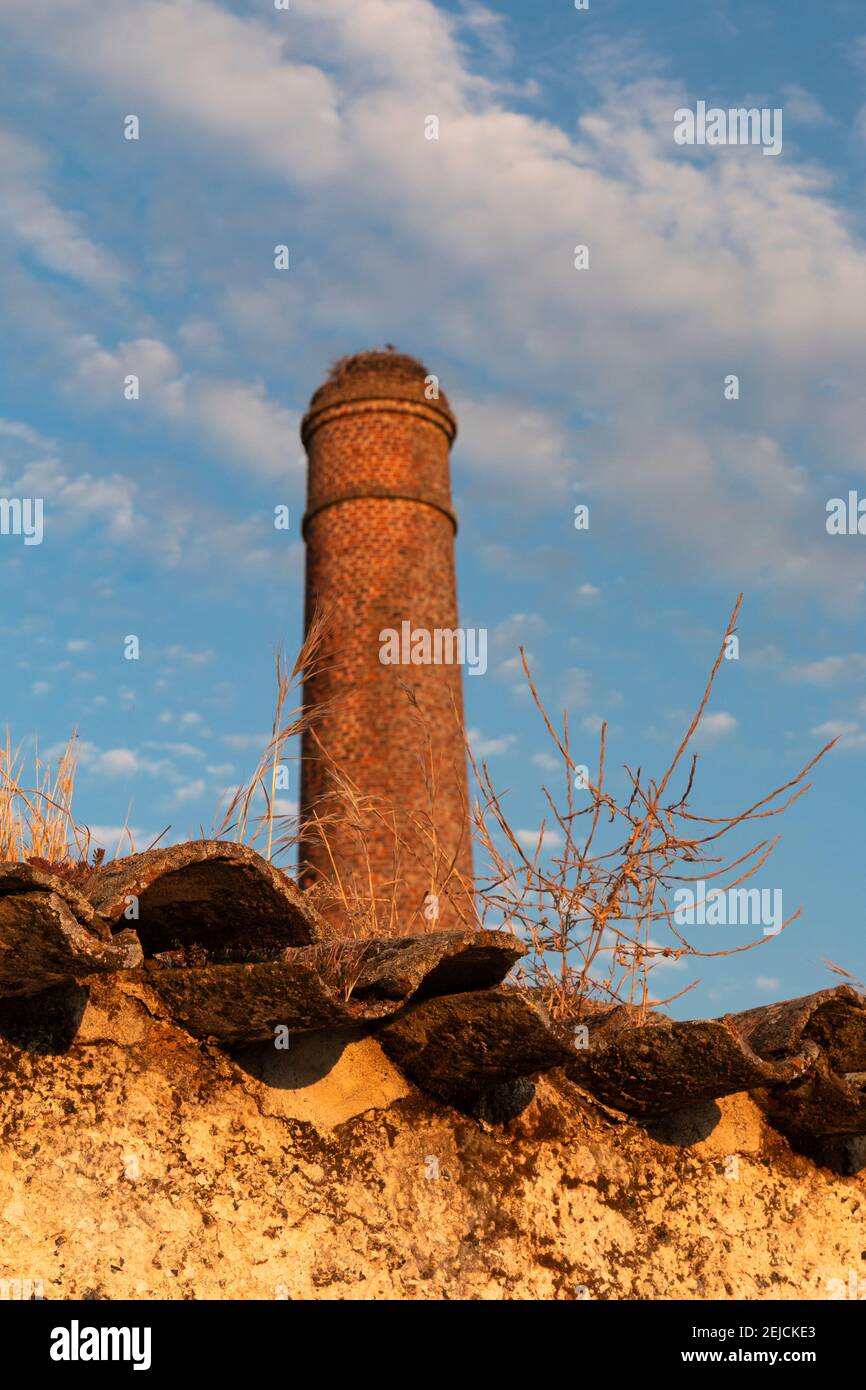 Old chimney with stork's nest in southern Andalusia Stock Photo