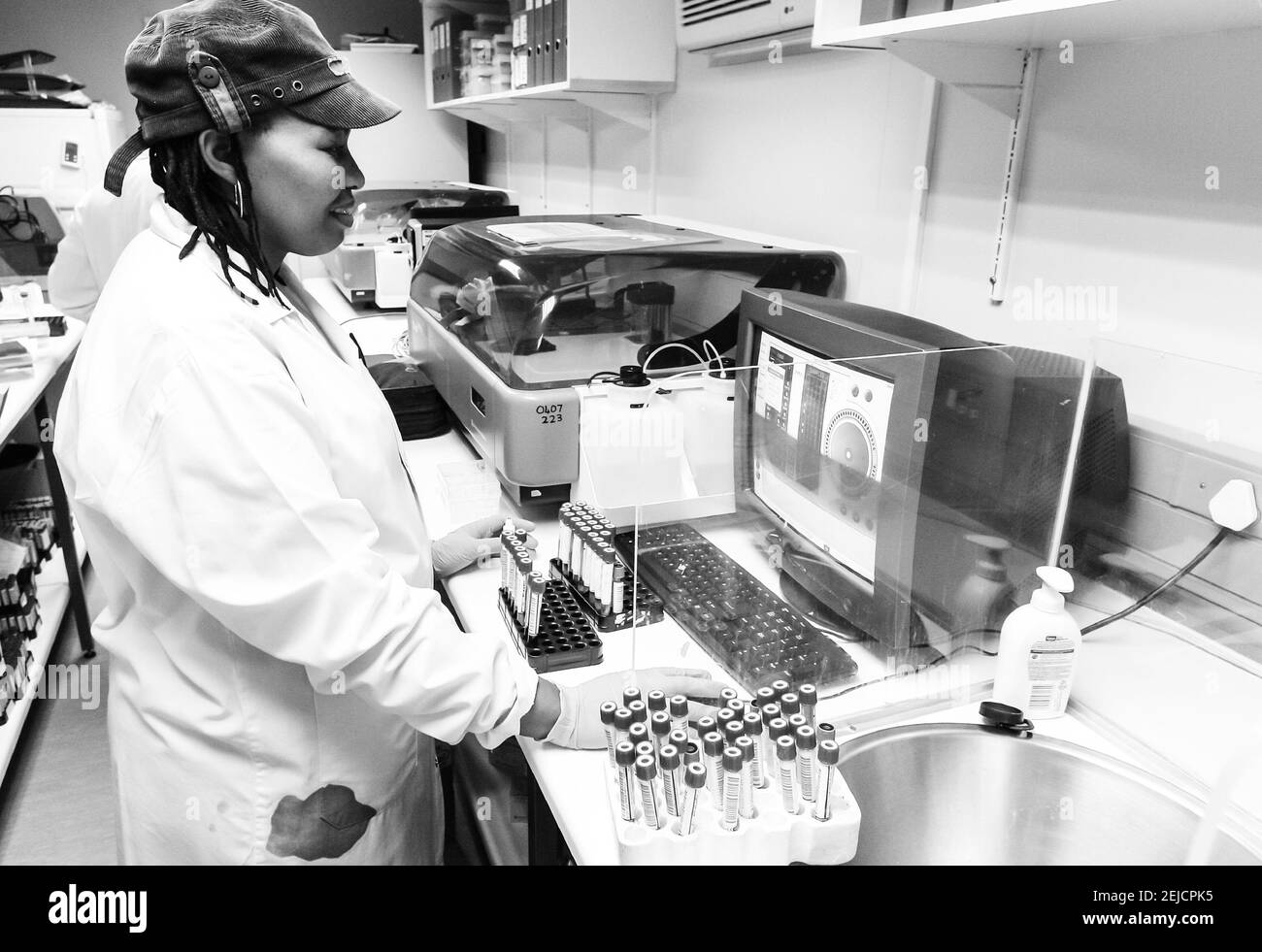 JOHANNESBURG, SOUTH AFRICA - Feb 20, 2021: Johannesburg, South Africa - December 12, 2010: Pathologist lab assistant testing blood in a clinical labor Stock Photo