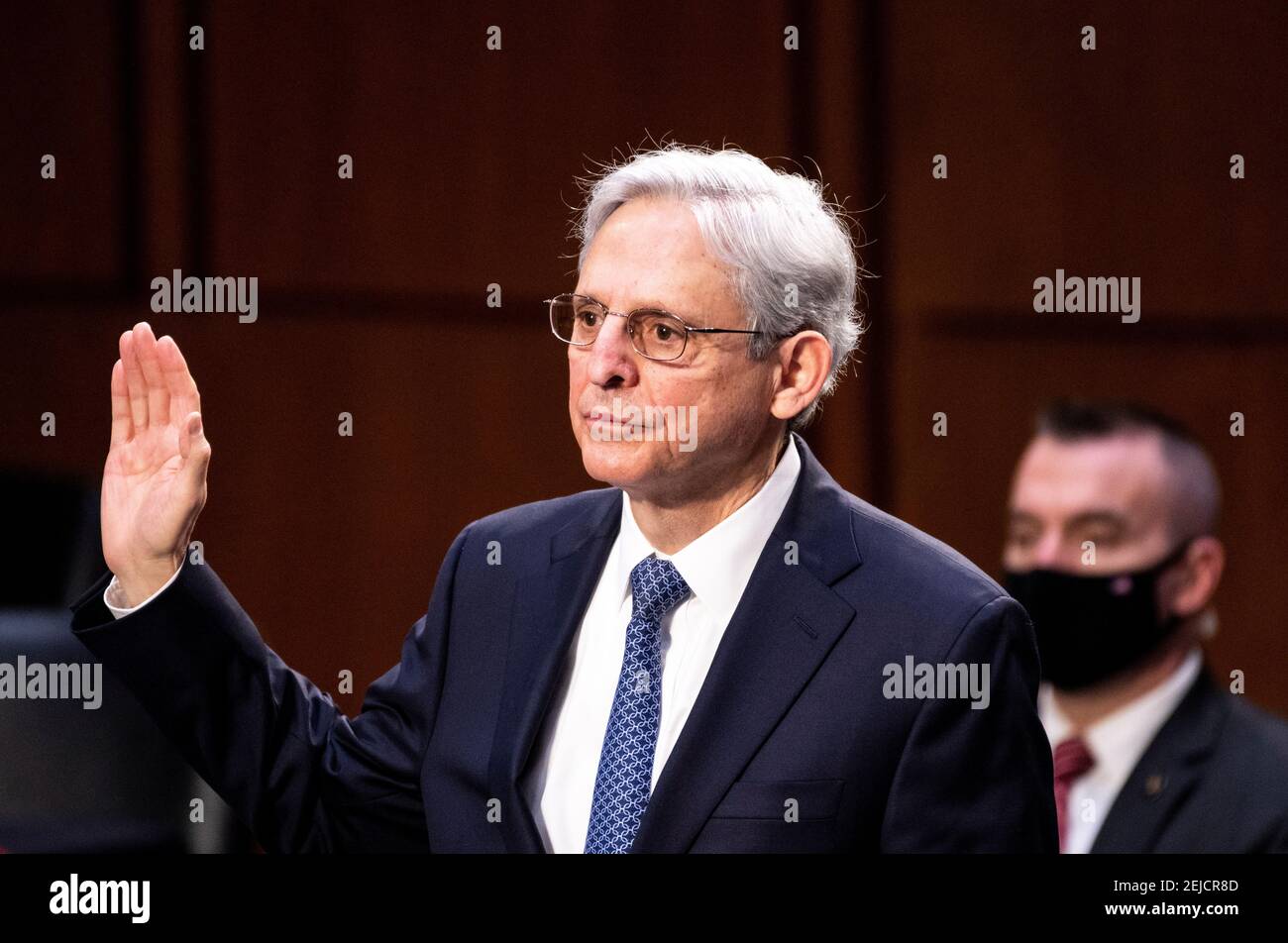 Merrick Garland, nominee to be Attorney General, is sworn in for his confirmation hearing in the Senate Judicary Committee, Washington, DC, U.S., February 22, 2021.  Bill Clark/Pool via REUTERS Stock Photo