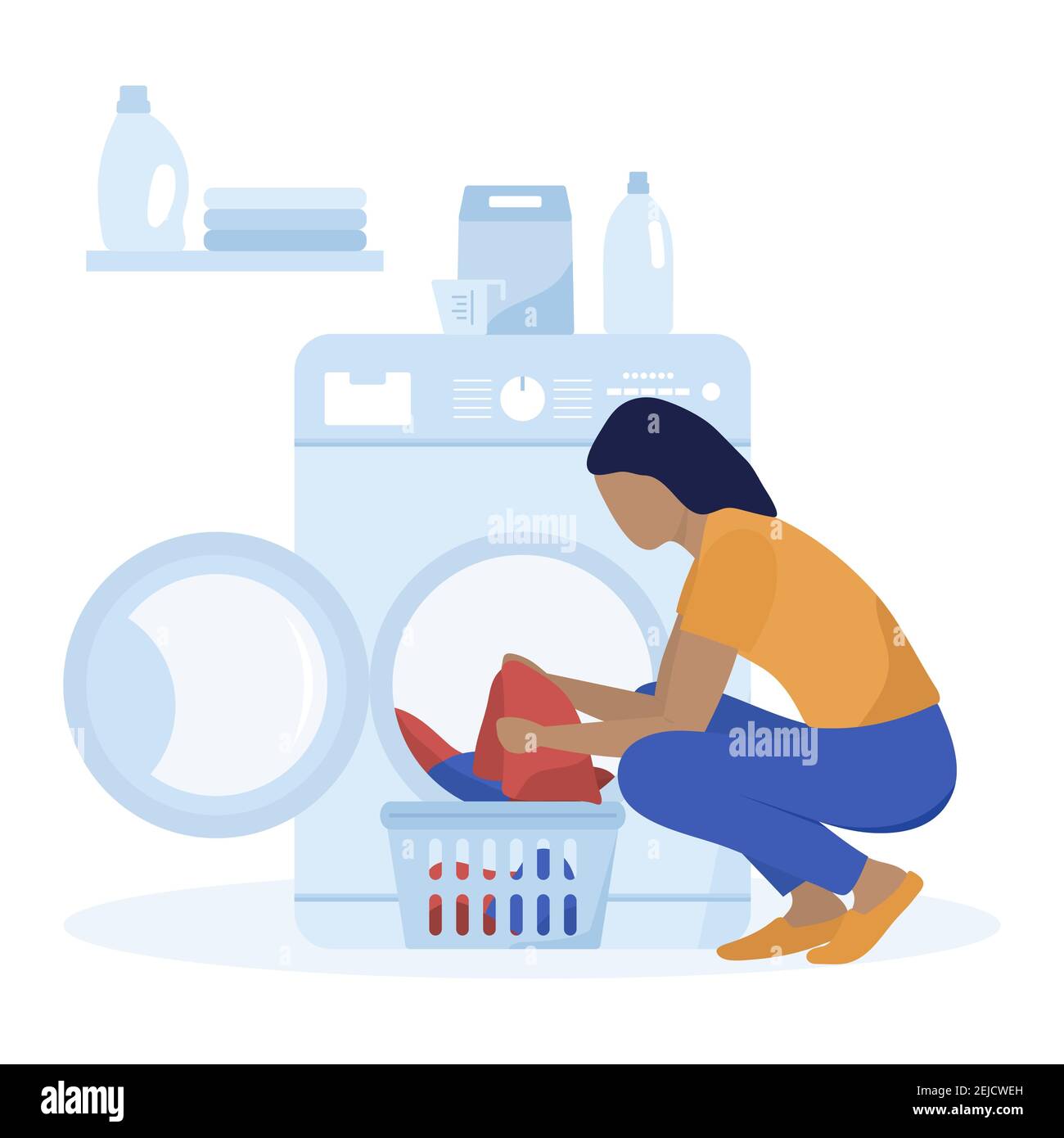 Vector illustration Woman washing dirty clothes Washing machine ...