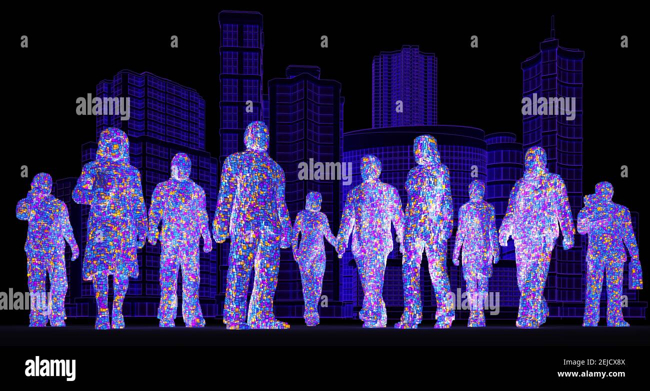 People figures consisting of glowing pixels in front of buildings. 3D illustration Stock Photo