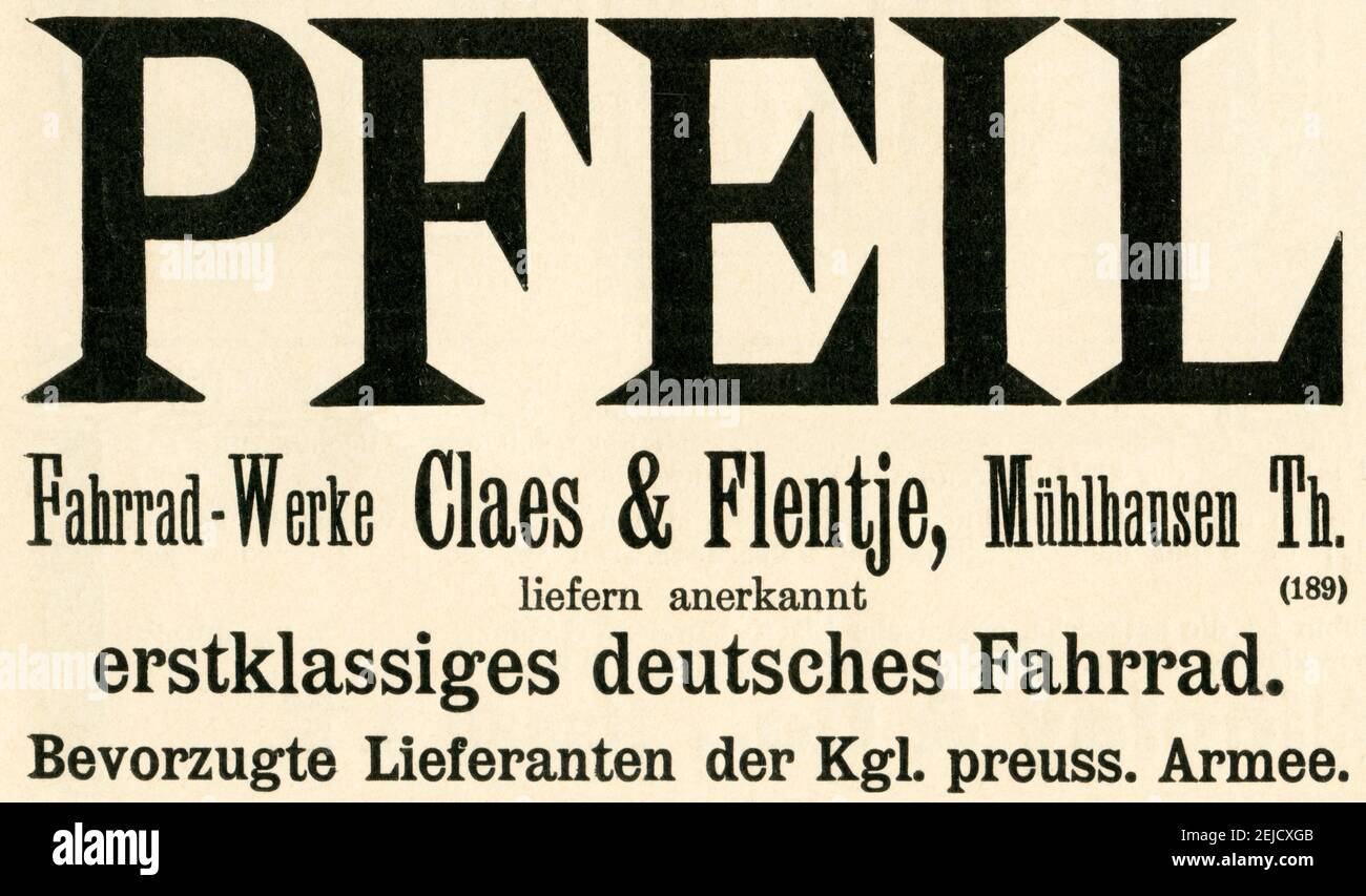 Europa, Deutschland, Thüringen, Mühlhausen, Werbung der Firma Claes & Flentje für Pfeil Fahrräder , Größe der Anzeige 10 cm x 6 cm , Motiv aus : ' Illistrirte Zeitung ' , Nr. 2911, 13. 04. 1899 .  /  Europe, Germany, Thuringia, Mühlhausen, advertising of the company Claes & Flentje for Pfeil bicycles, size of the advertisement :  10 cm x 6 cm , image from :  ' Illustrirte Zeitung ' ,  No. 2911, 13. 04. 1899 . Stock Photo