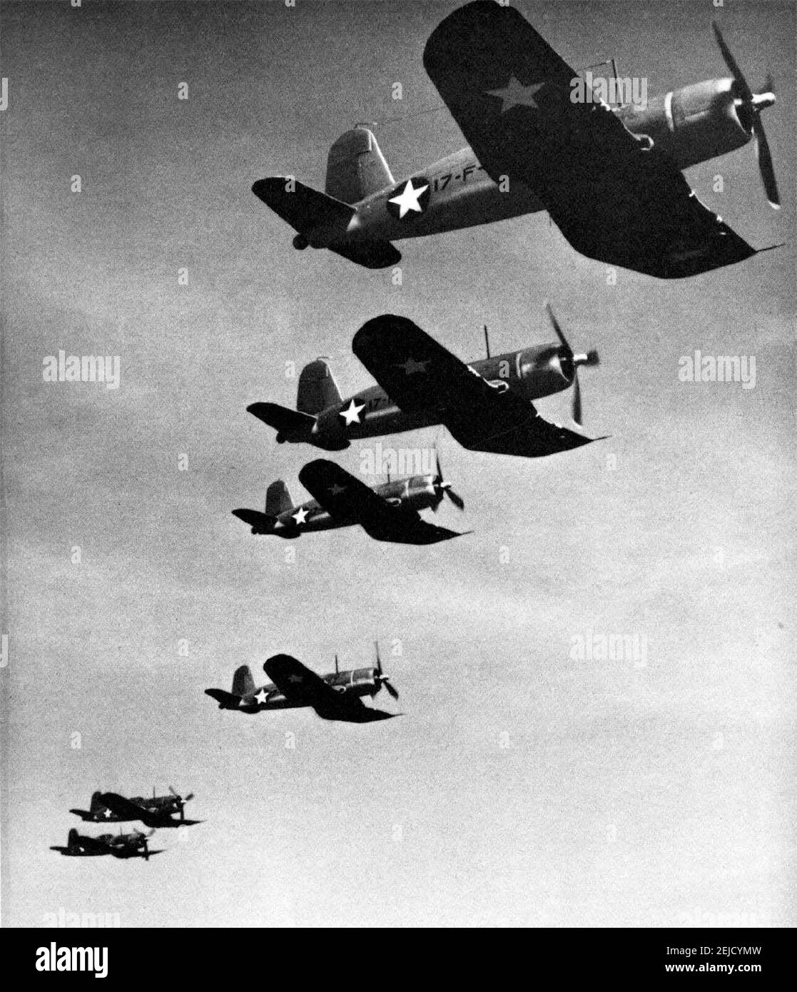 U.S. Navy Vought F4U-1 Corsairs of Fighter Squadron 17 (VF-17) 'Jolly Rogers' in flight, in 1943. Stock Photo