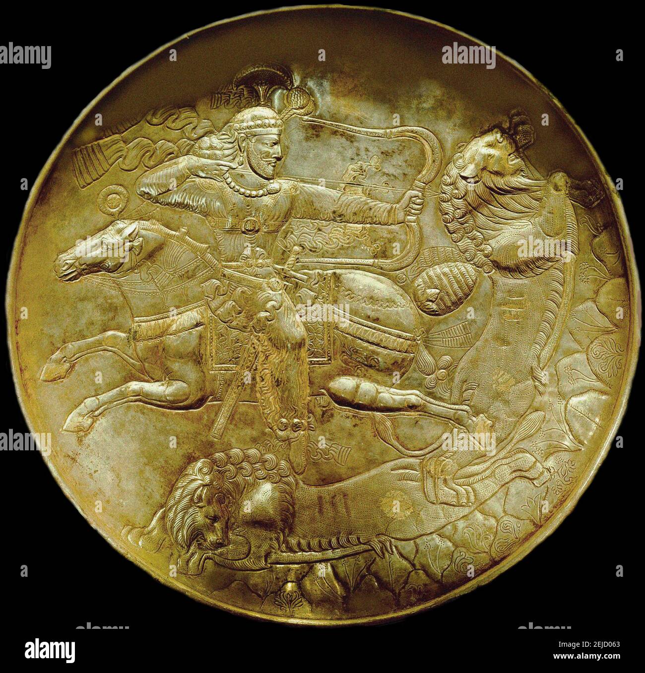 Plate with an archer hunting lion. Museum: National Museum of Iran, Tehran. Author: Sassanian Art. Stock Photo