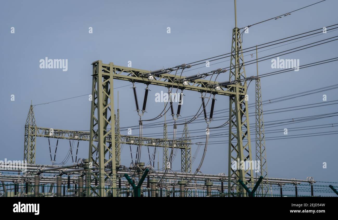 Substation for high voltage electricity Stock Photo