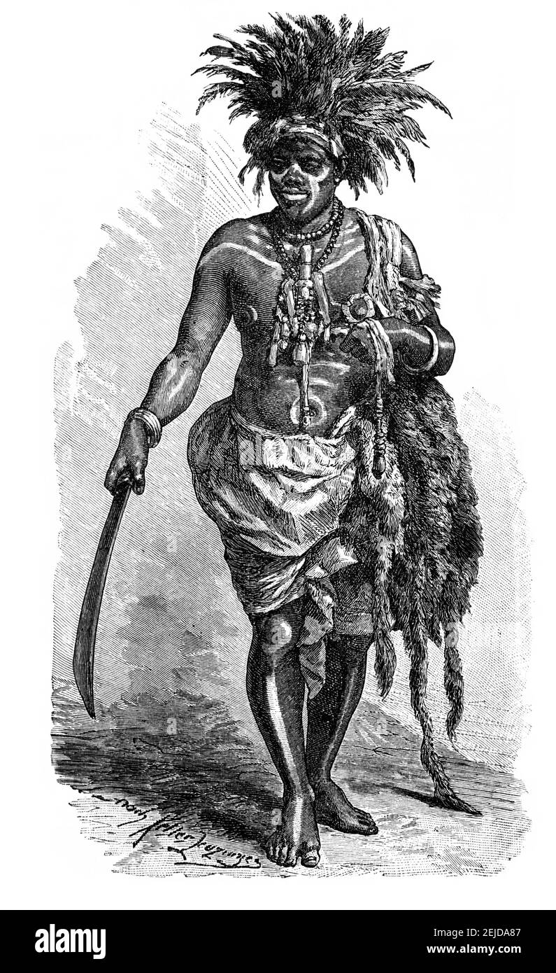 Tradicional African healer and shaman from Loango coast, Republic of the Congo today. Culture and history of Africa. Vintage antique black and white illustration. 19th century. Stock Photo
