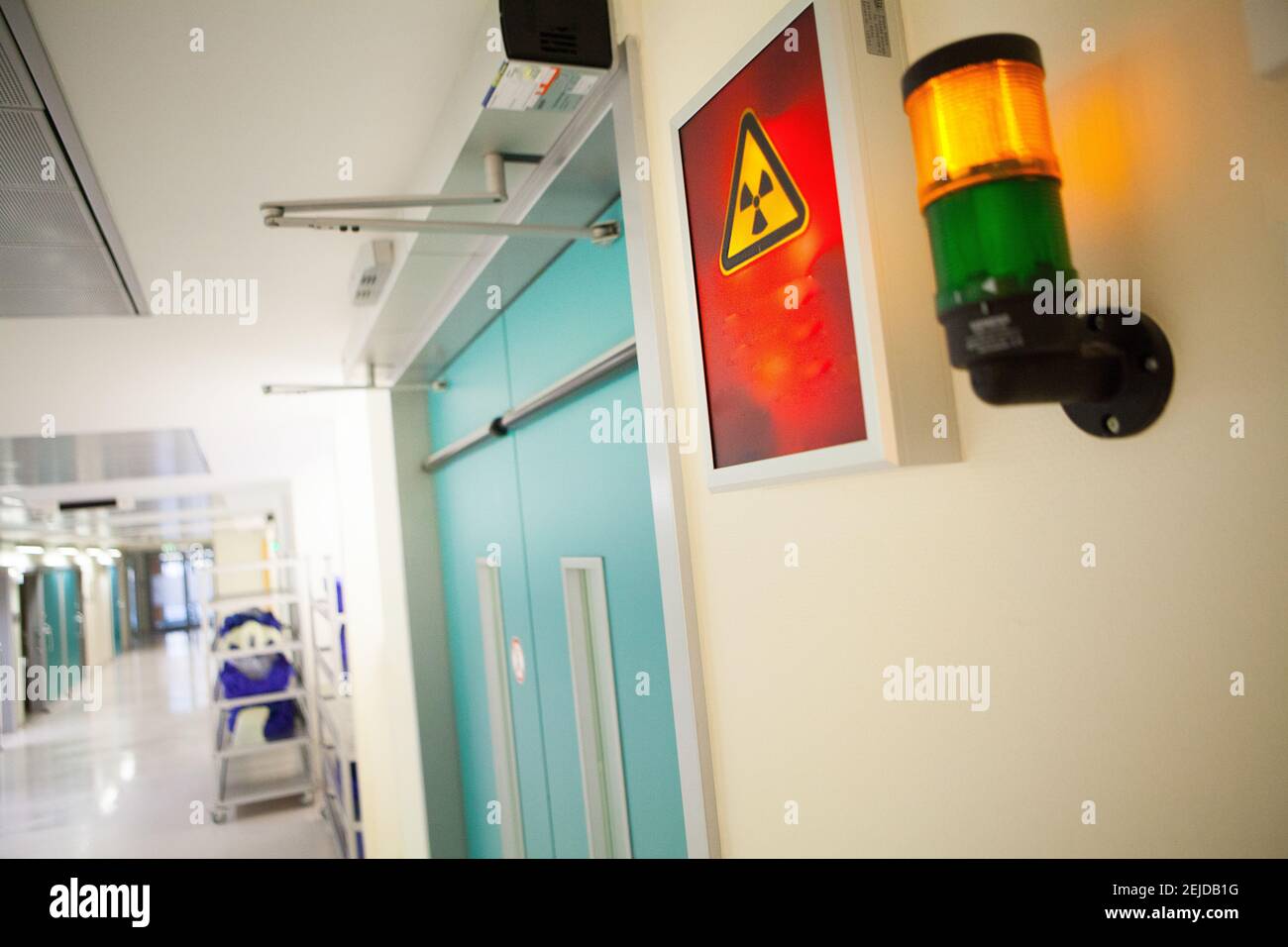 Radiation signage in a proton therapy center Stock Photo - Alamy