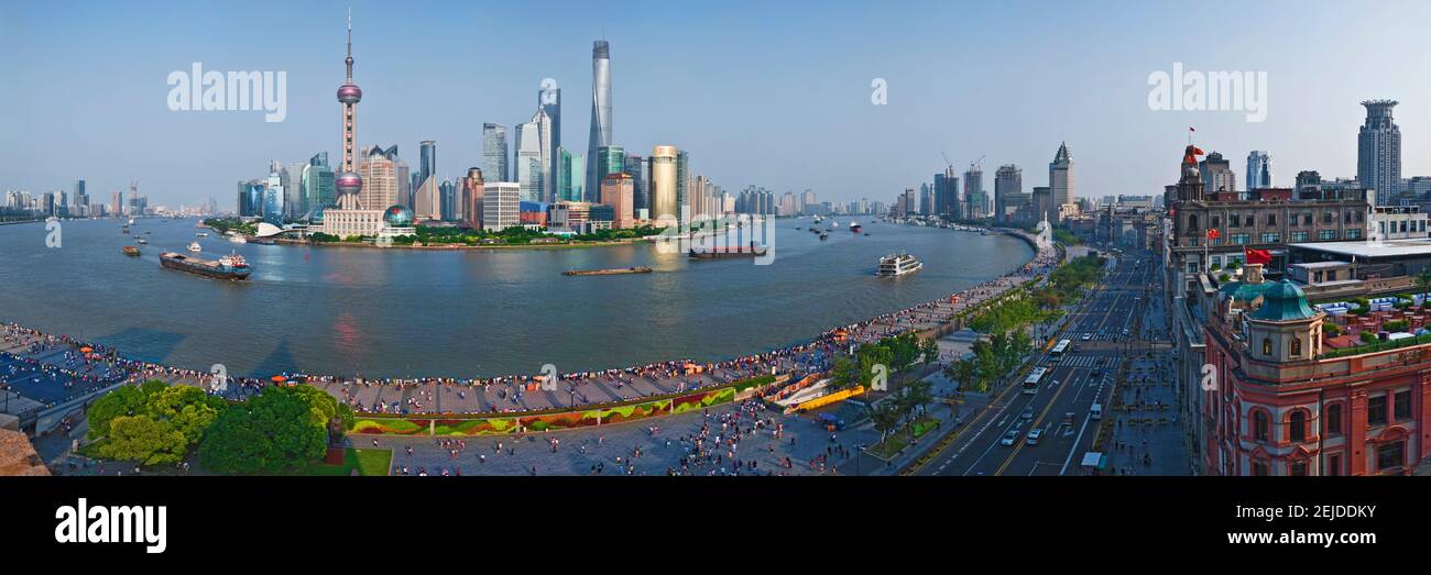 Elevated view of city, Oriental Pearl Tower, The Bund, Pudong, Huangpu River, Shanghai, China Stock Photo