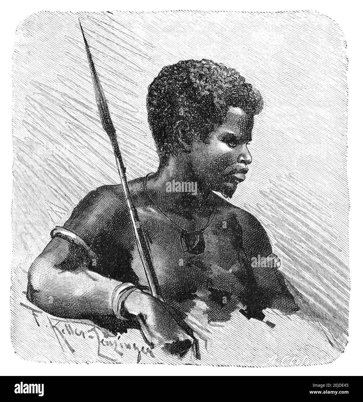 Young African Warrior with spear. Culture and history of Africa. Vintage antique black and white illustration. 19th century. Stock Photo